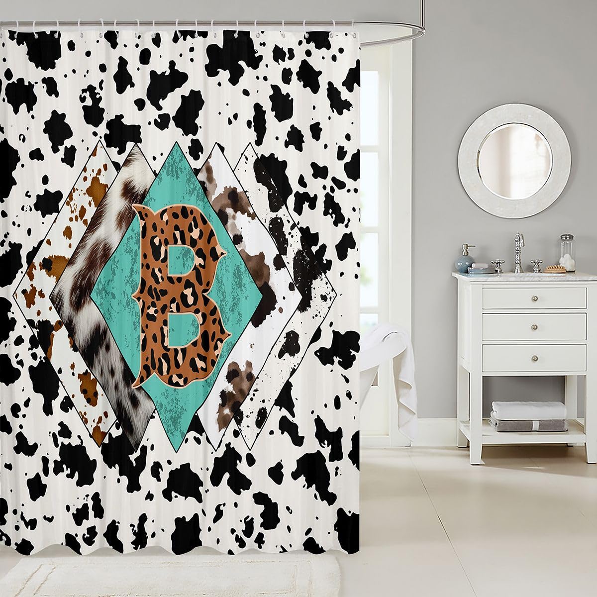 Rideau de douche lettre B taille L léopard monogramme alphabet imprimé cuir de vache rideau de bain pour adultes style cowboy occidental rideaux de bain imperméables avec 12 crochets pour baignoire
