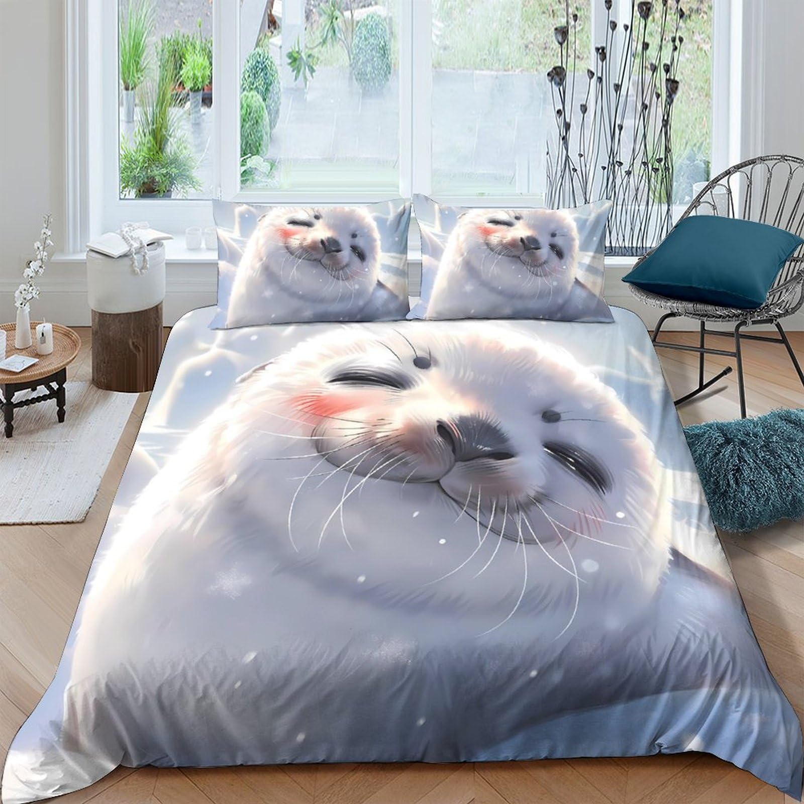 Ctjqhvkz Style-2 3D Printed Cute Seal Fitted Sheet Microfiber Soft Bedroom Decor Smiling Seal Mattress Cover For Home Dorm Room Single（135X200cm）