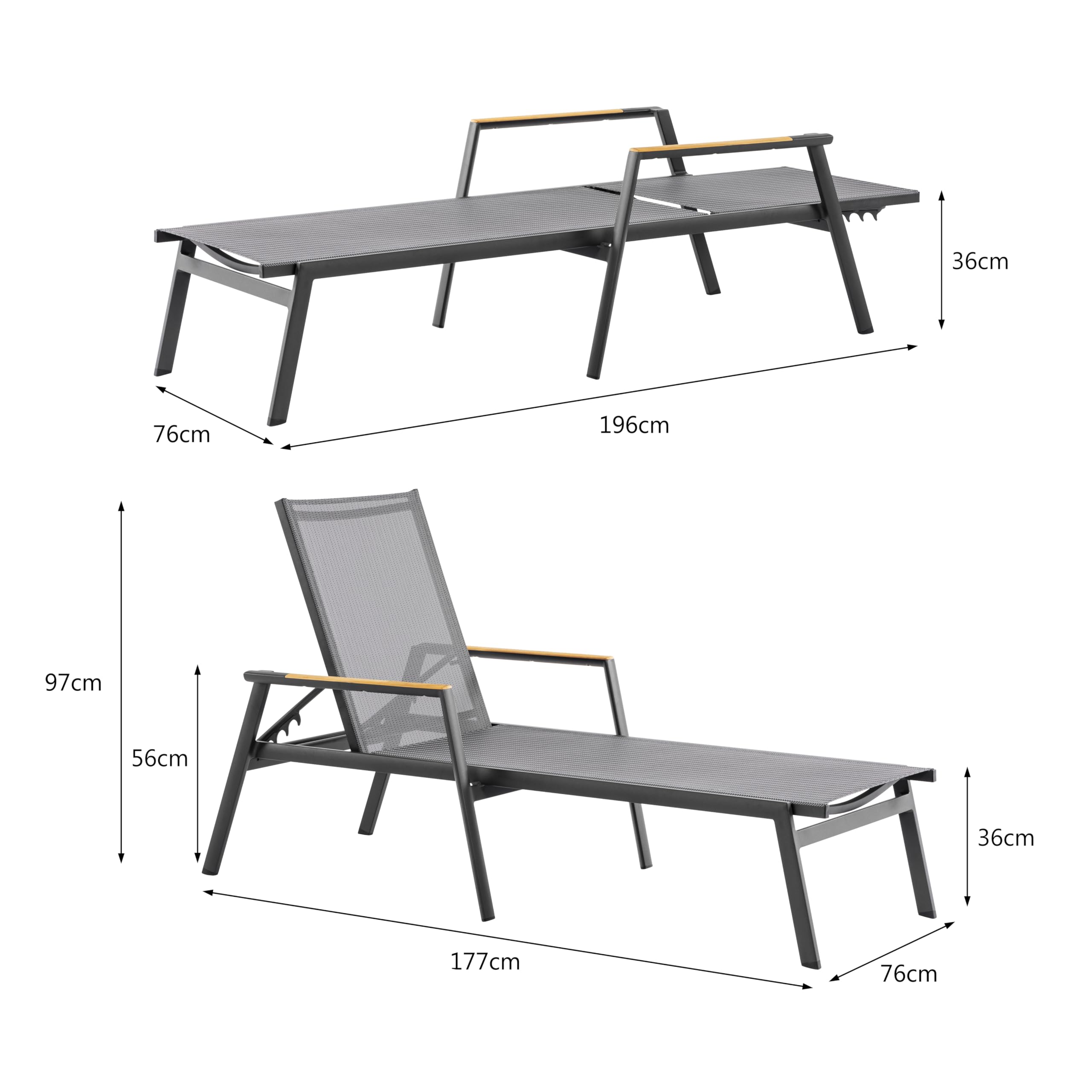 METRO Professional Tumbona Poza, Aluminio y Textileno, Reposabrazos de Teca, 5 Posiciones, 150 kg, Cómoda y Duradera