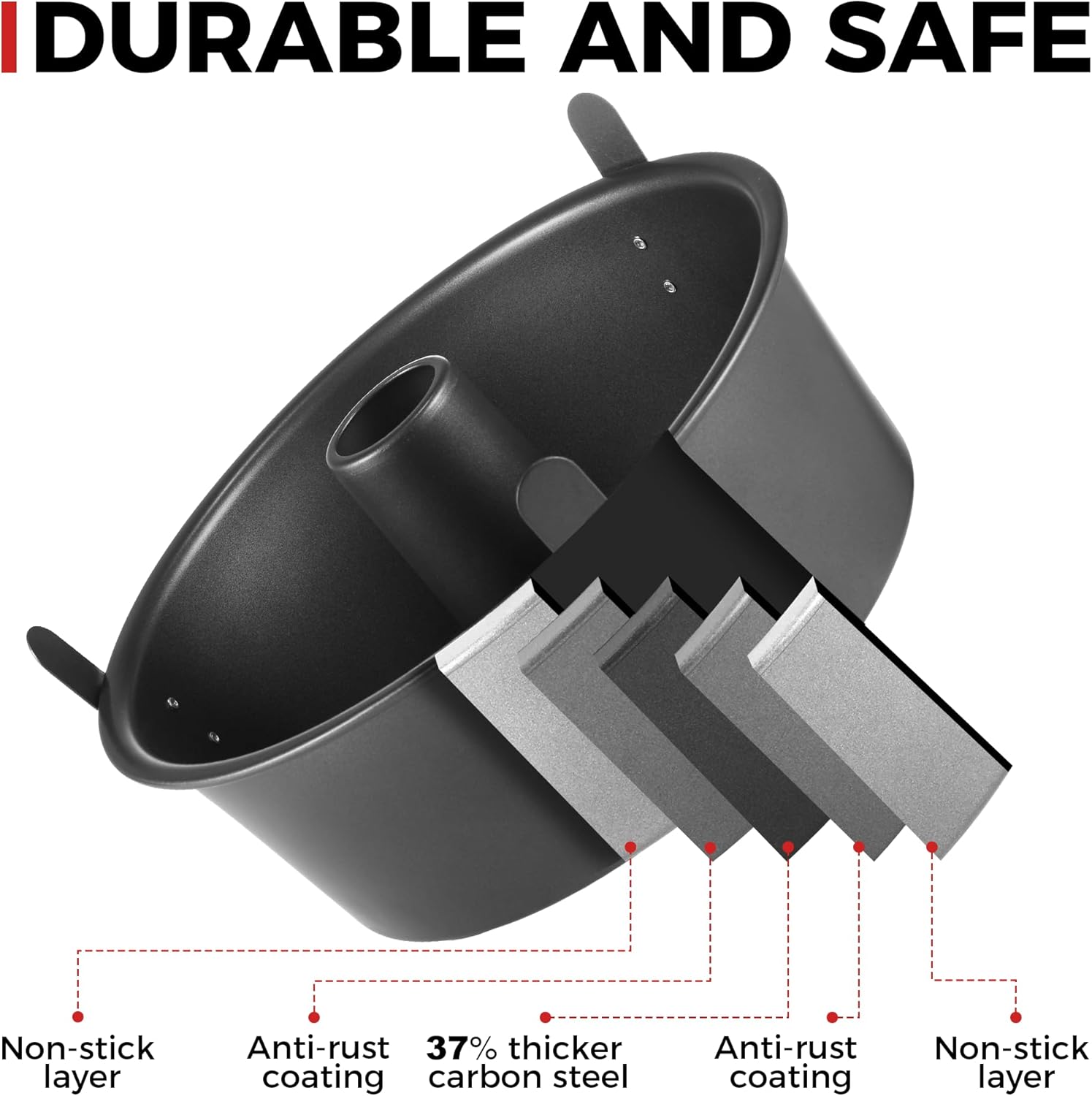 HONGBAKE Angel Food Cake Pan with Removable Bottom, 10 Inch Tube Pan, Nonstick Pound Cake Pans for Baking, Chiffon Cake Mold, 16-Cup, Heavy Duty - Dark Grey - Image 3