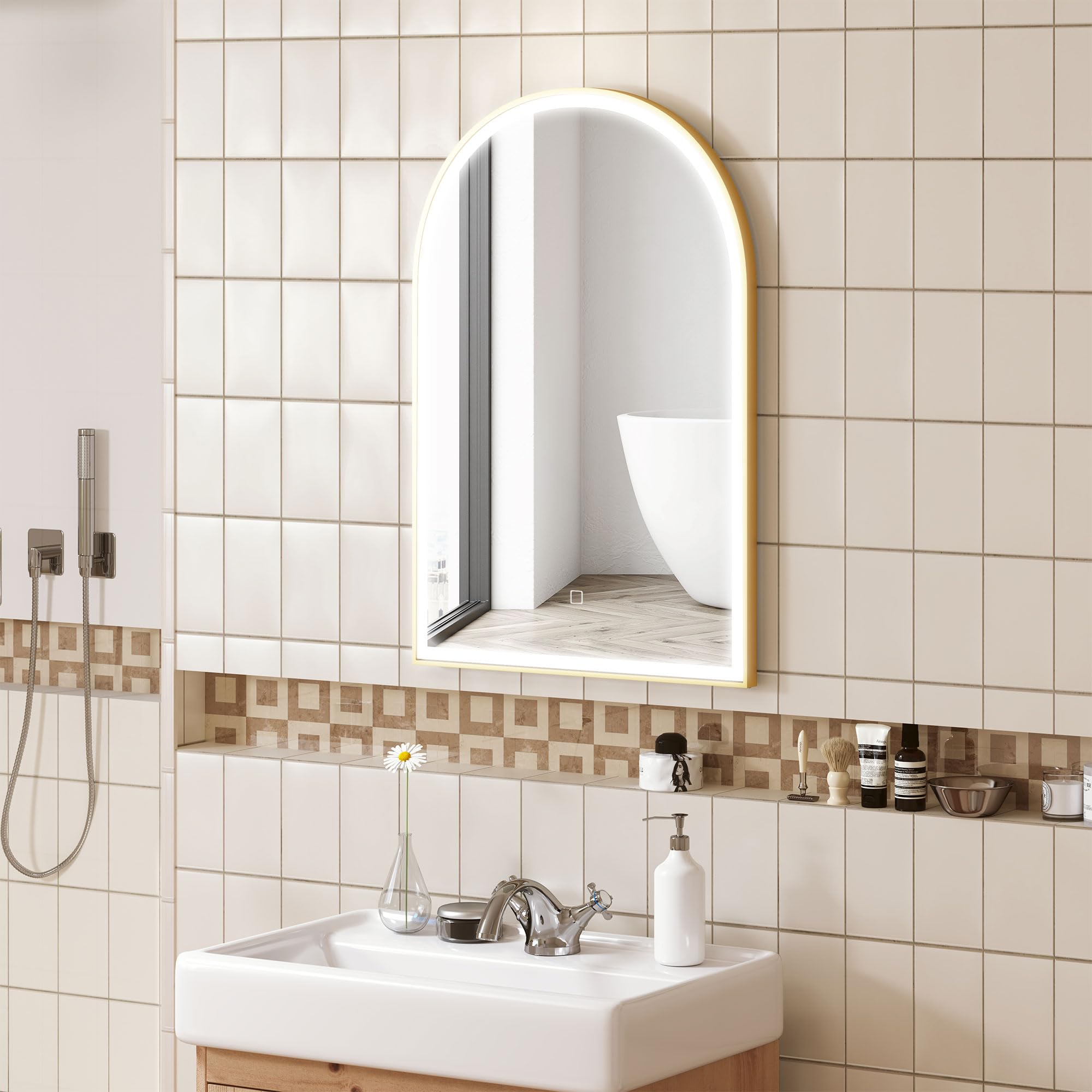 HOMCOM Miroir Salle de Bain avec éclairage LED 90 x 60 cm, Miroir Mural arqué, lumière réglable 3 Couleurs, Anti-buée, mémoire, Interrupteur Tactile, Miroir Salle de Bain, Cadre en Aluminium, doré