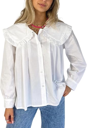 Womens Pleated Doll Collar Shirts Long Lantern Sleeve Button Down Blouse Casual Cute Loose Fit Top Streetwear