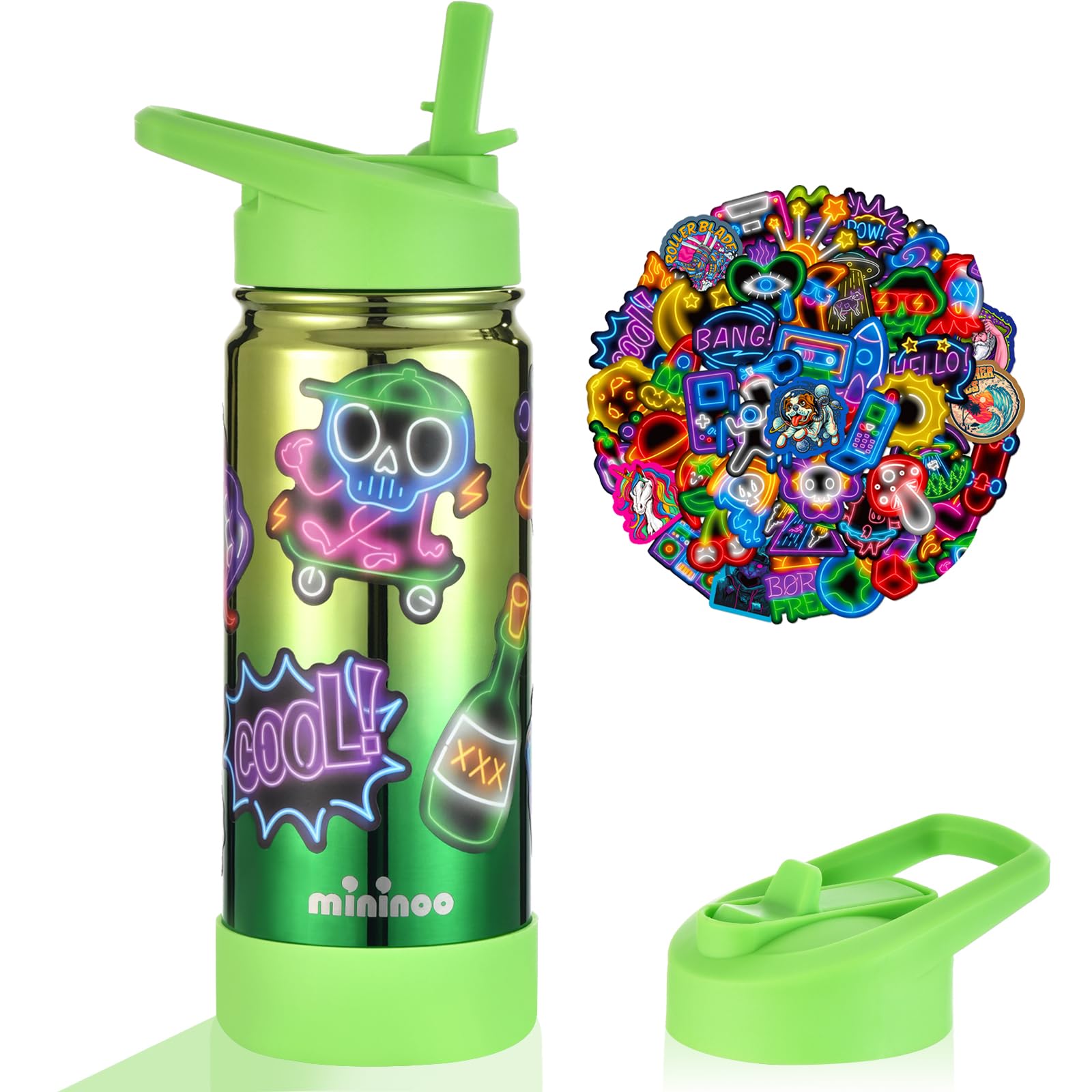 Mininoo Kids Water Bottle for School, 16oz Metal Insulated Water Bottle Kids with Straw Lid for Girls, Boys