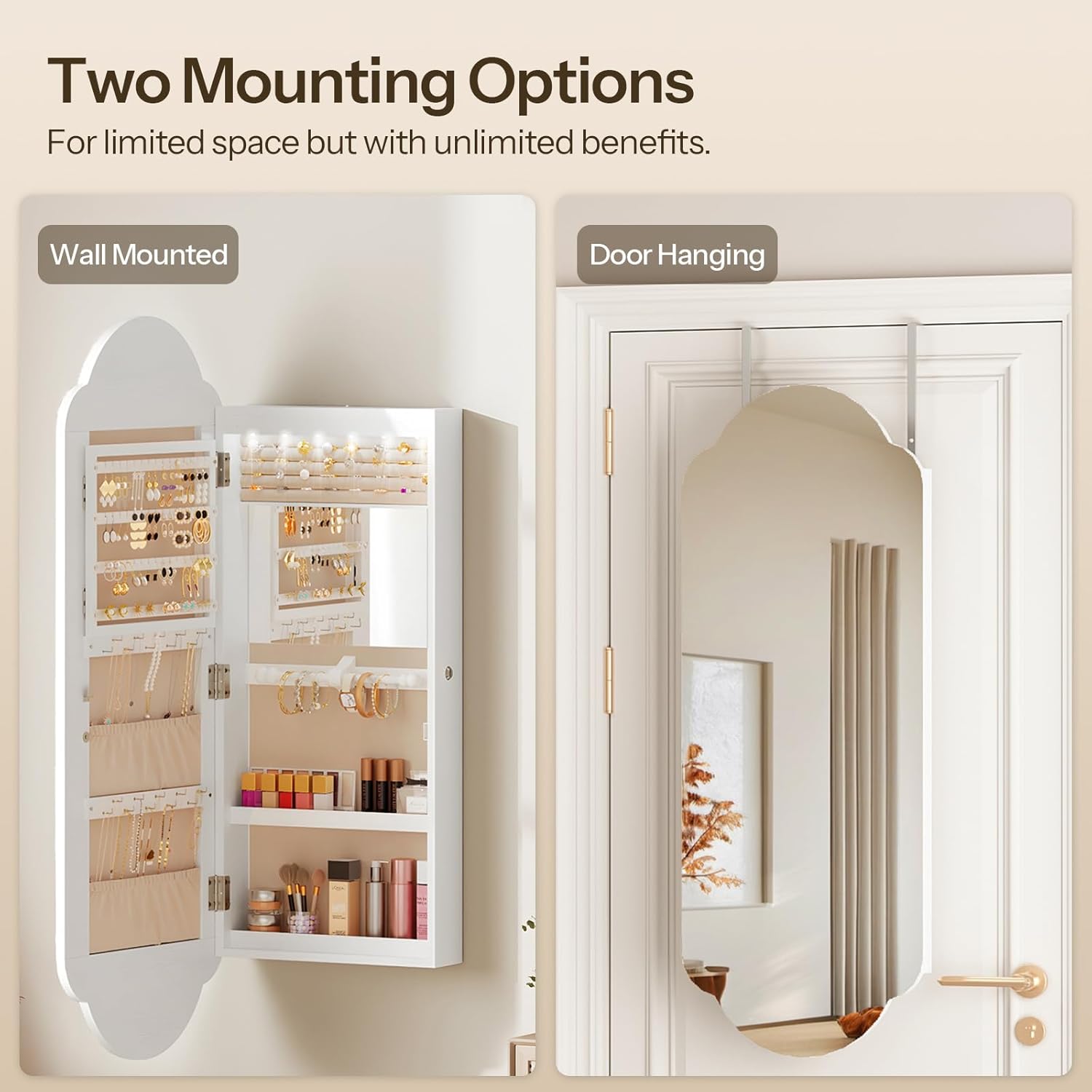 HOOBRO Wide Jewelry Cabinet, LED Jewelry Organizer Wall/Door Mounted, Hanging Jewelry Cabinet Mirror with Storage, Lockable, Interior Mirror, 4.1 x 16.5 x 42.5 Inches, Christmas Gifts, White