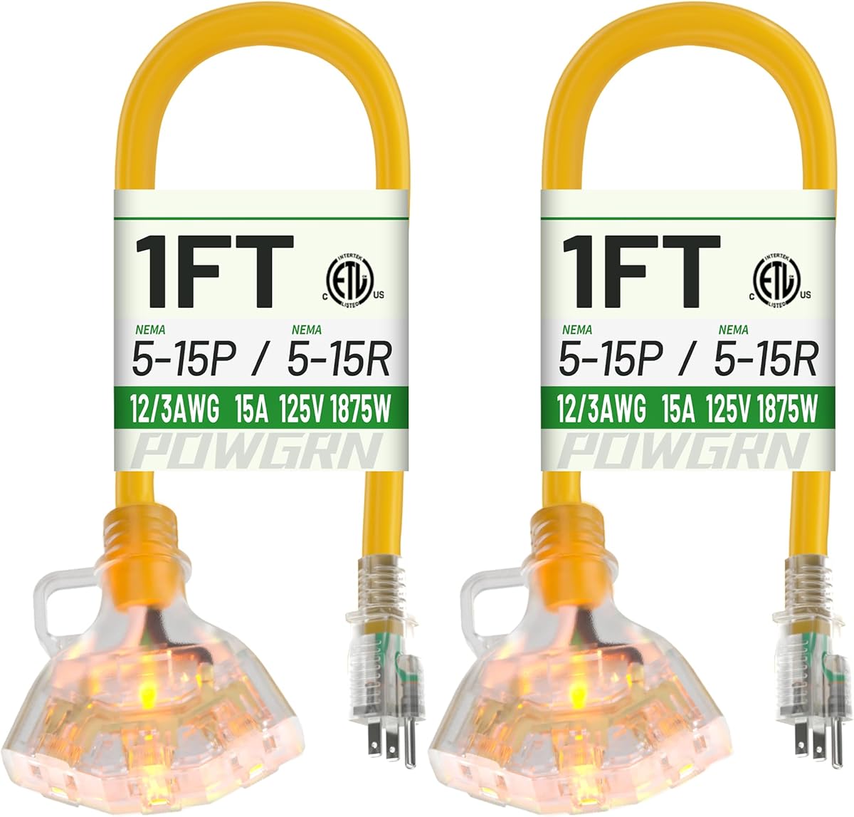 1 FT 2 Pack 12/3 Gauge Extension Cord with Multiple Outlets Outdoor, 3 Outlet Extension Cord Heavy Duty Yellow with Lighted, Tri-Tap Power Cable, 12AWG 15Amp 1875Watts 125Volts SJTW, ETL Listed