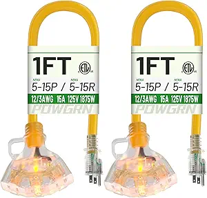 1 FT 2 Pack 12/3 Gauge Extension Cord with Multiple Outlets Outdoor, 3 Outlet Extension Cord Heavy Duty Yellow with Lighted, Tri-Tap Power Cable, 12AWG 15Amp 1875Watts 125Volts SJTW, ETL Listed