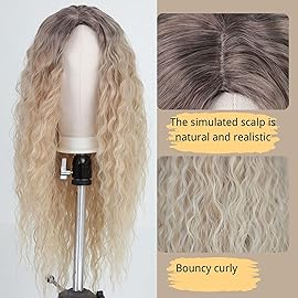 Fencca Ombre Blonde Long Curly Wigs for Women Heat Synthetic Curly Hair Wavy Full Wig Middle Part Natural Looking Wig