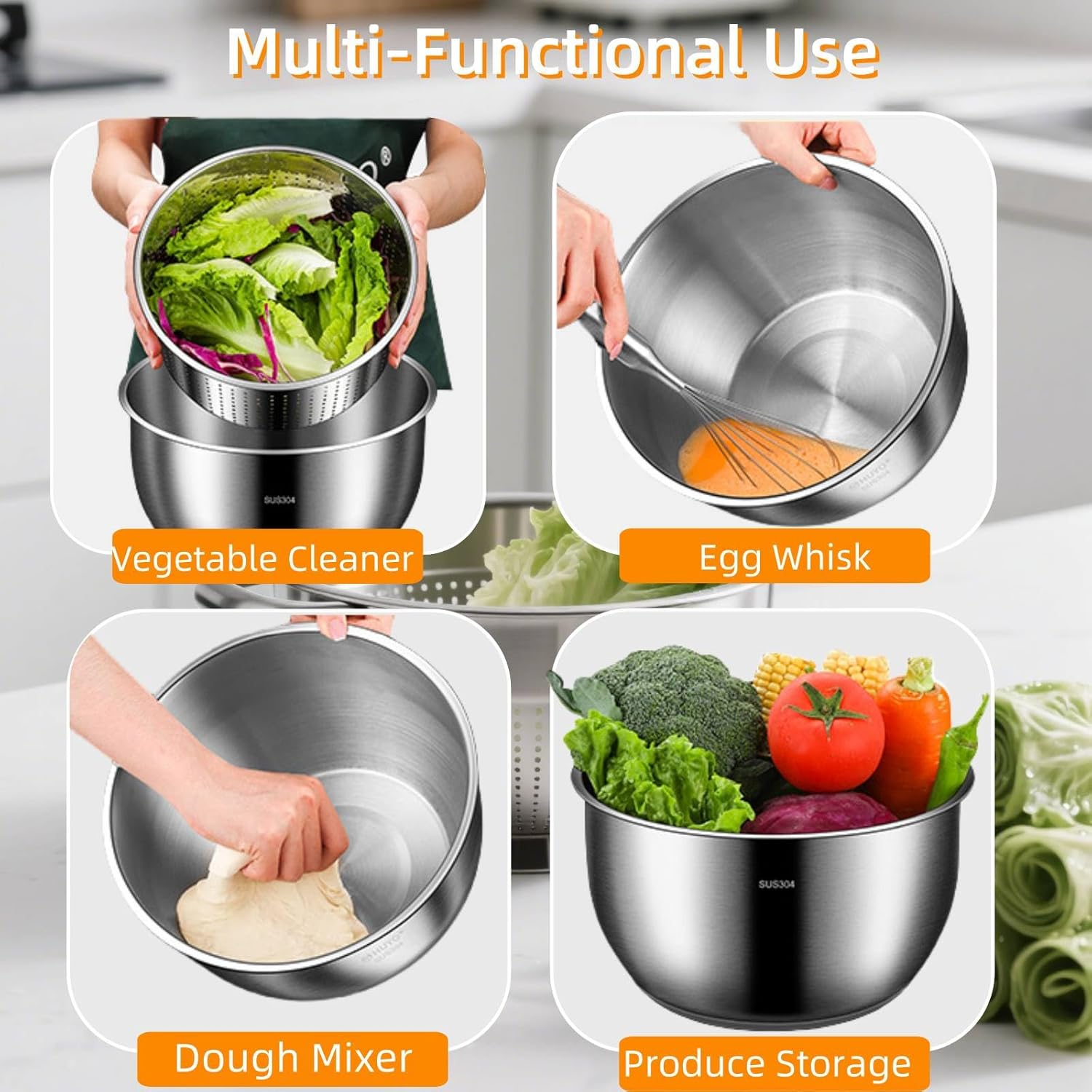 6L Stainless Steel Salad Spinner - Large Vegetable & Fruit Washer Dryer with Quick Spin, Drain Basket and Collapsible Design，Fruit Cleaner Spinner with for Lettuce, Greens (18/8 Stainless Steel)