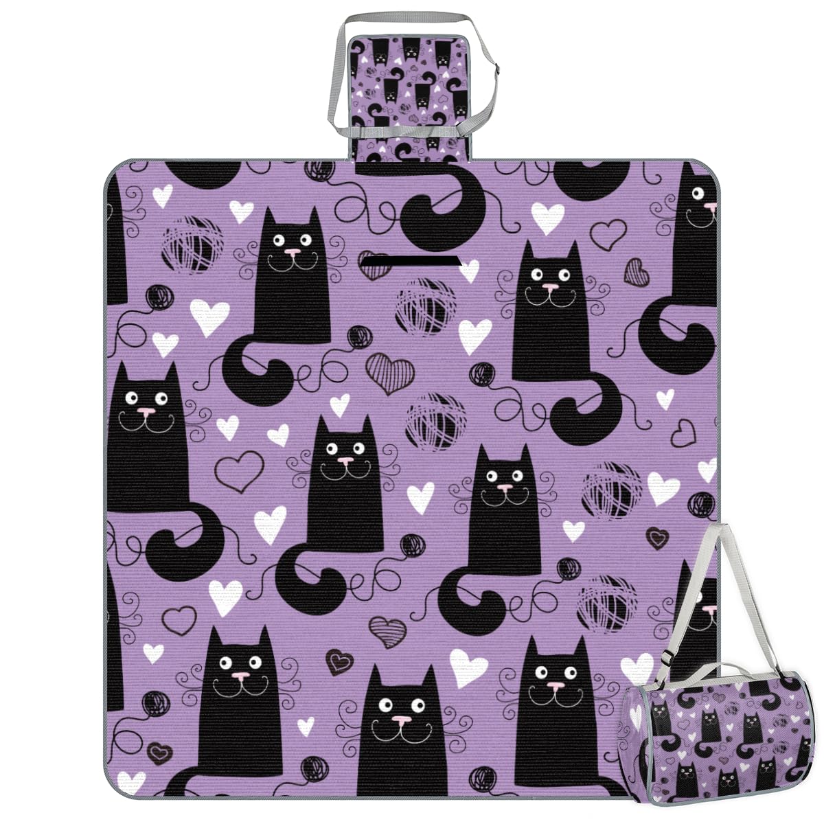 Shimoshe Picnic Blankets 57”x 59”, Lovely Black Cat Waterproof Sandproof Picnic Mat Lightweight Foldable Beach Blanket for Camping Park Grass Beach Outdoor Blanket