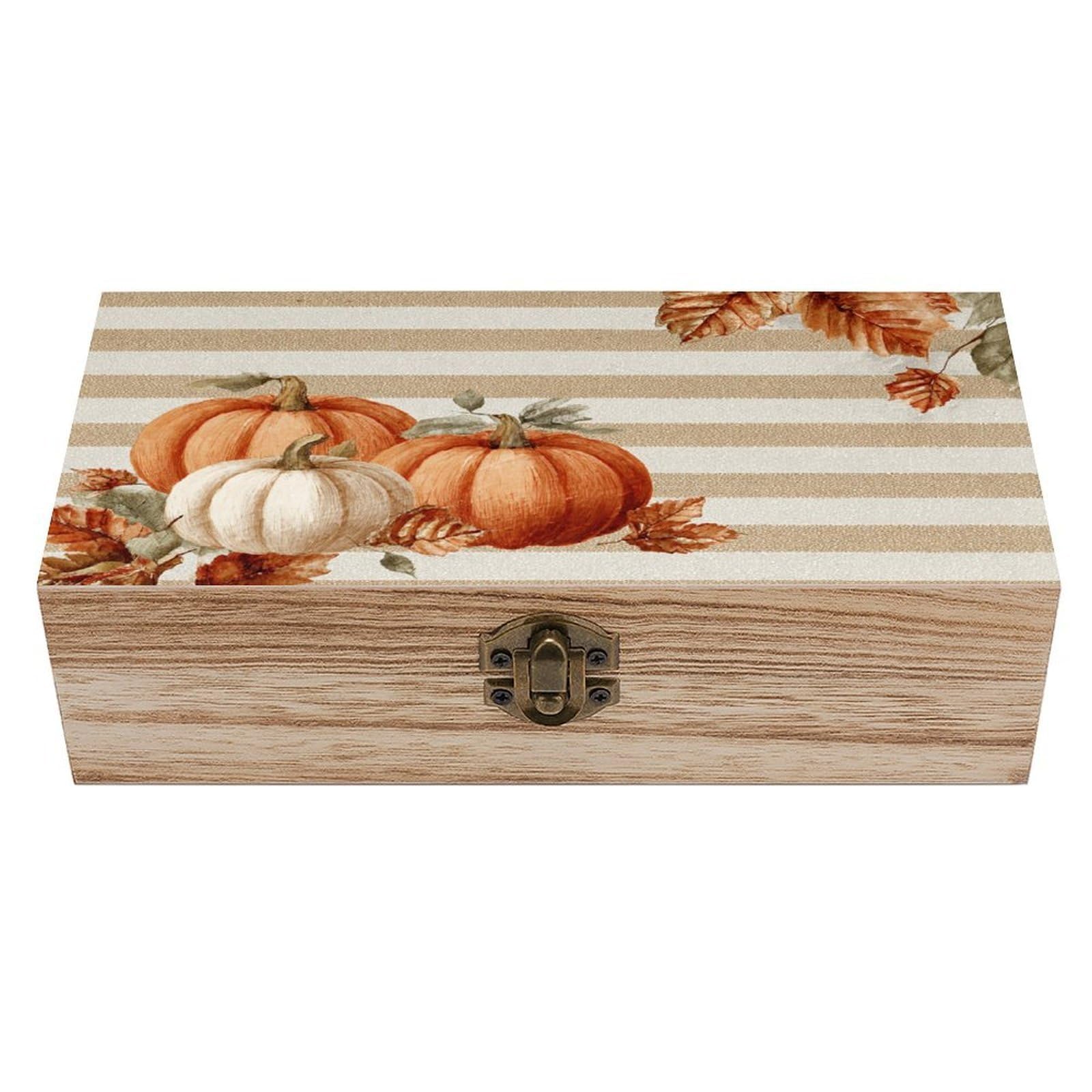 asbwuo Autumn Pumpkins Leaves Wooden Storage Box with Hinged Lid
