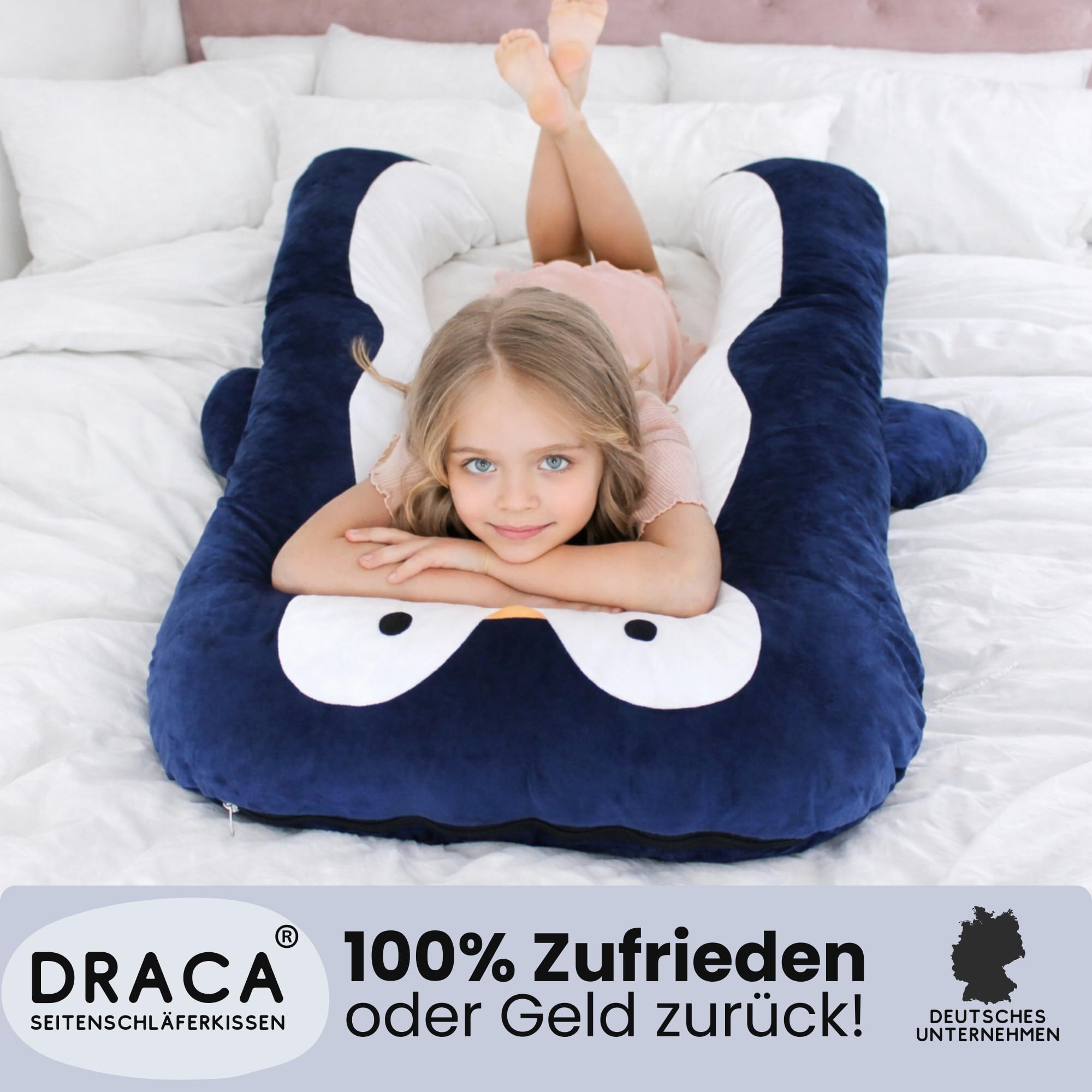 DRACA Seitenschläferkissen Kinder Pinguin Komfortkissen Anti Stress ADHS Einschlafkissen Multifunktionskissen Baumwolle Tierform Großes Kuschelkissen