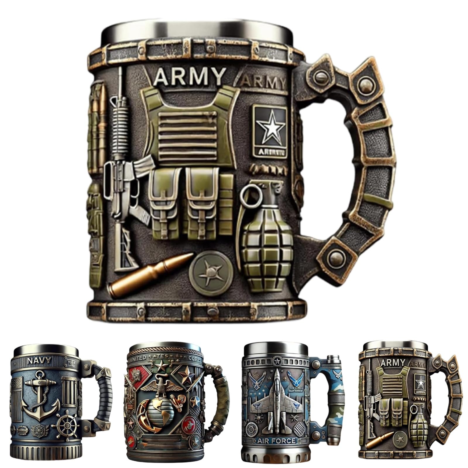 Military 3D Mug, Handmade Army Themed Coffee Mug with Stainless Steel Liner, Beautiful Army Style Tankard for Men & Soldiers, Unique Veteran Tribute Gift,10 Oz, Resin & Metal (Style-A)