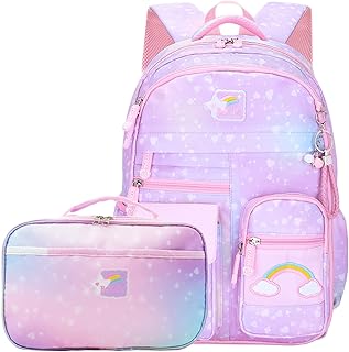 Backpacks for Girls School Cute Kids Backpack Bookbags with Insulated Lunch Box Set for School Elementary Girl, Tie Dye School Bag with Laptop Compartments 16 * 11.5 * 7.5, Galaxy Purple
