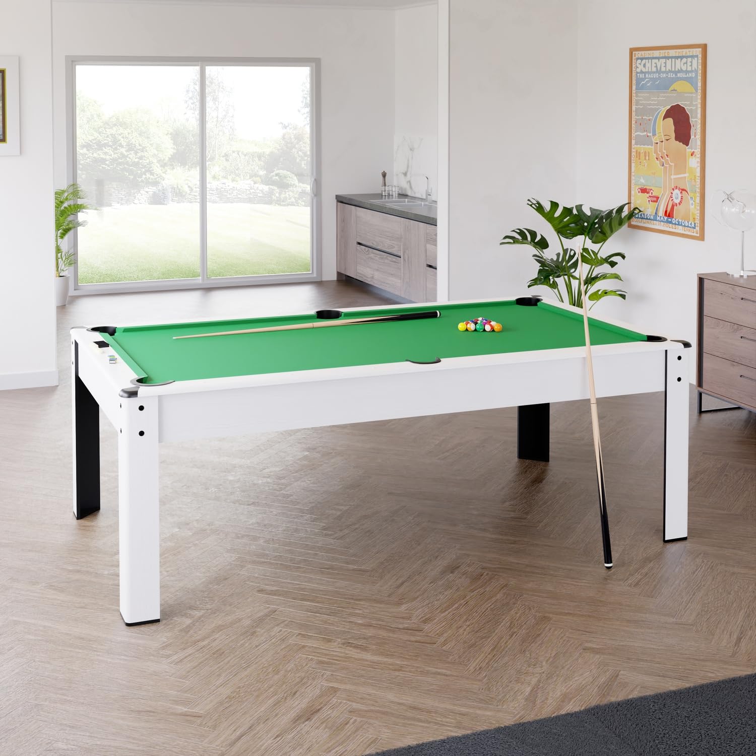 Billard Américain Harmony 6Ft - 206,5 x 116,5 x 80 cm avec Accessoires et Plateau dînatoire - Couleur Ivoire (Blanc) et Tapis Vert