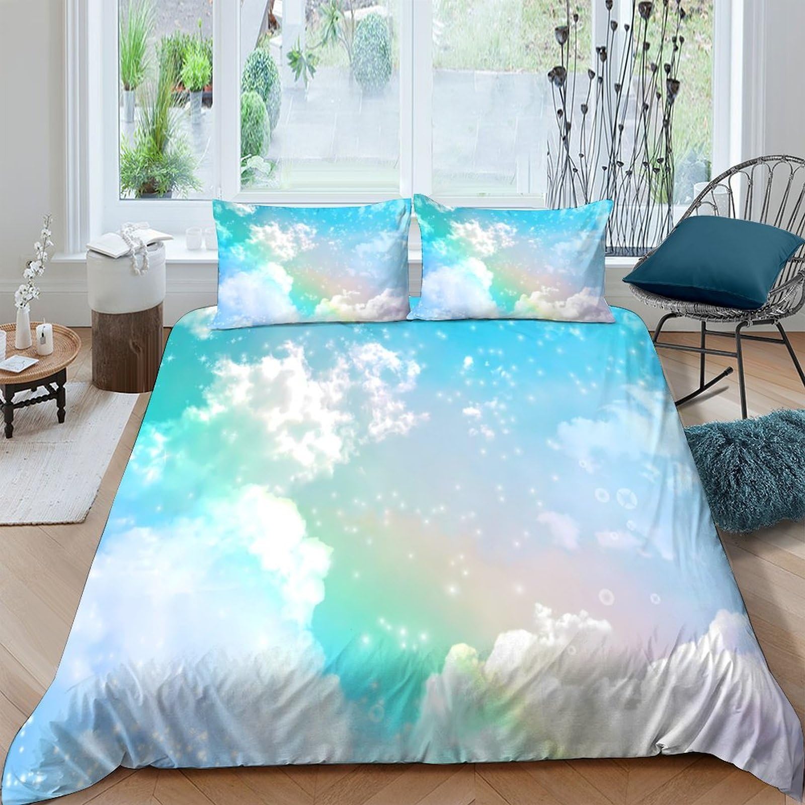 GPLZQXKJNH 3D Printed Sky Cloud Duvet Cover Microfiber Soft Breathable Rainbow Bedding Set with 2 Pillowcases for Bedroom Decor Single（135x200cm）