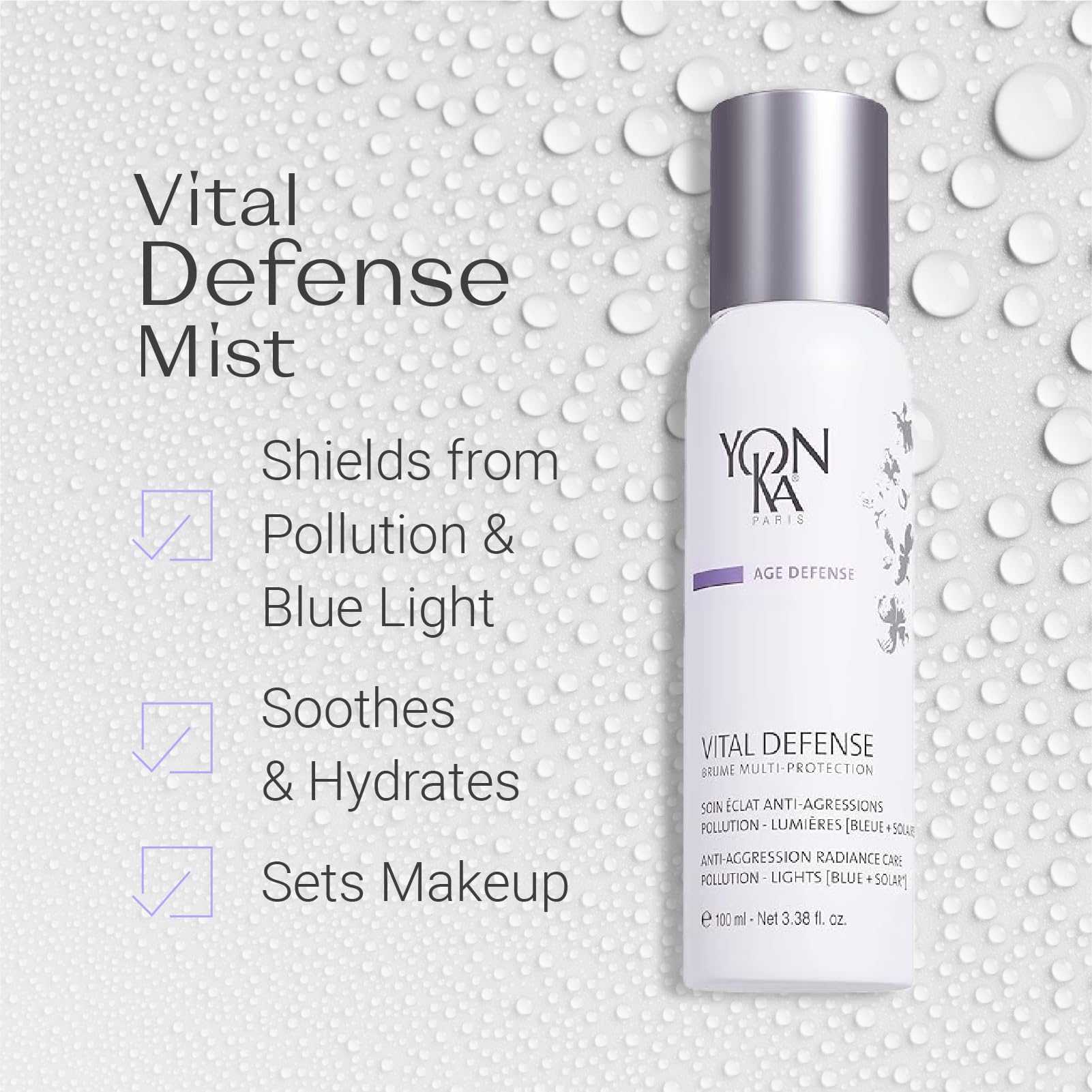 Yon-Ka Vital Defense Mgła do twarzy 100 ml - Nawilżająca mgiełka przeciwpyłowa - Utrwalacz do makijażu - chroni skórę przed zanieczyszczeniami, niebieskim światłem i słońcem - 99% naturalnych