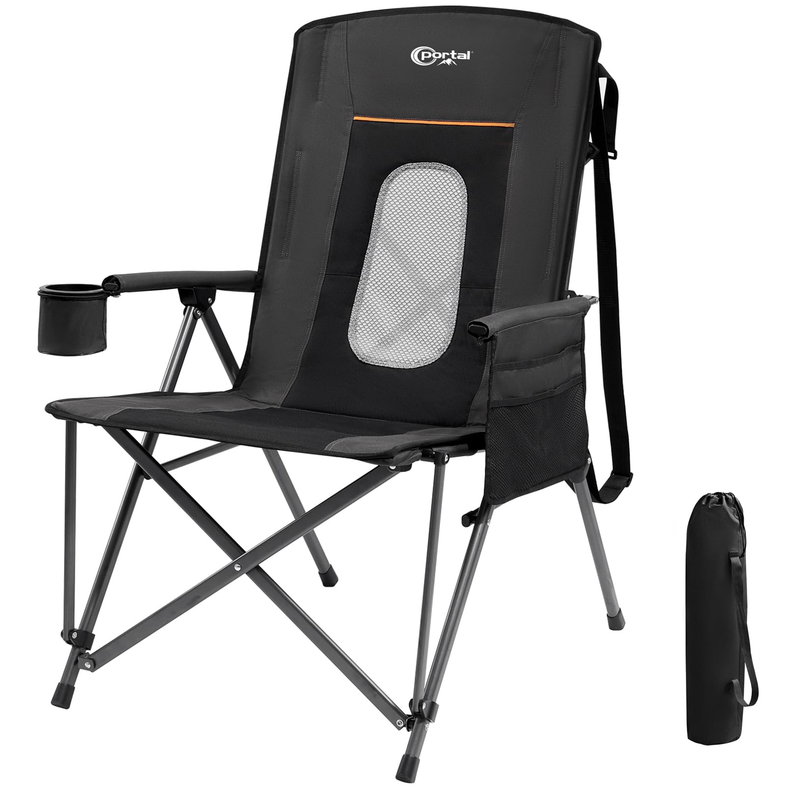 Portal Campingstuhl Faltbar Klappstuhl 180 KG Belastbar mit Hochlehner Verstellbar Camping Anglerstuhl Gartenstuhl Sessel mit Tasche Getrankhalter für Garten Balkon Picknick