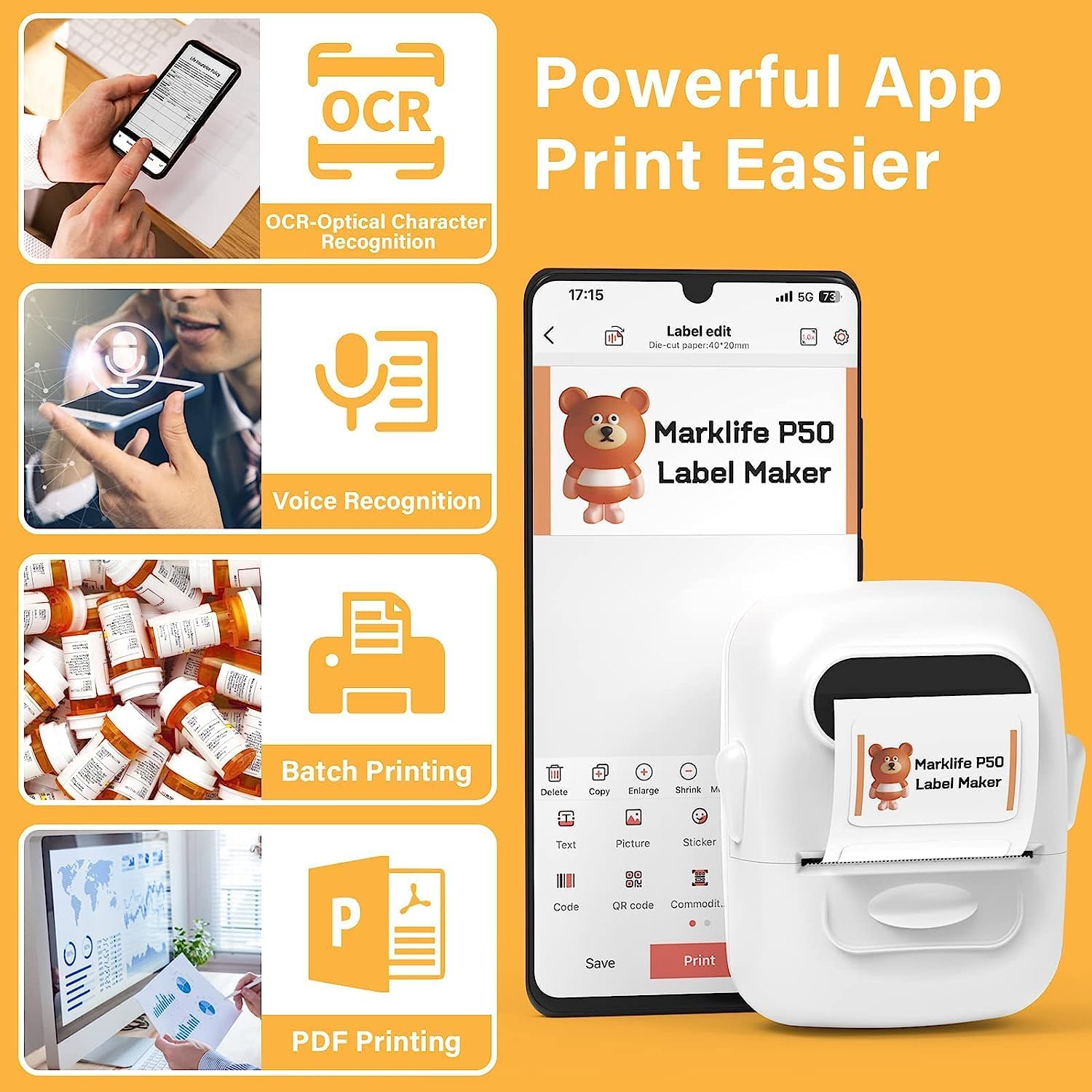 Varie Sample labels with different sizes and designs, including a to-do list, barcode, and clothing tag, next to a laptop and the P50 label maker.