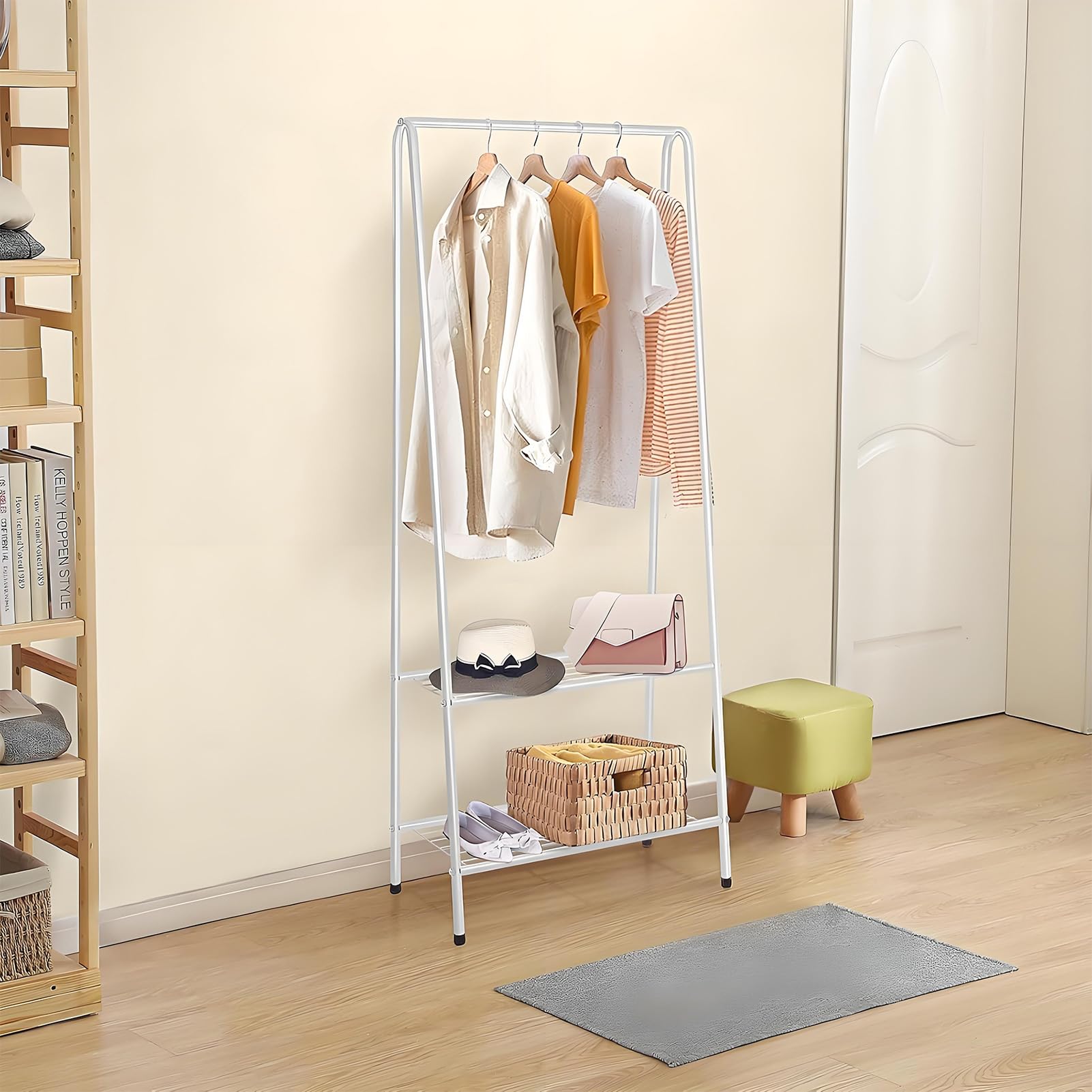 Kleiderständer Metall Garderobenständer mit Schuhablage 151 cm Hoch & 60 cm Breit Platzsparende Kleiderstange für Schlafzimmer Flur Kleiderständer Kleiderstange (Weiß)