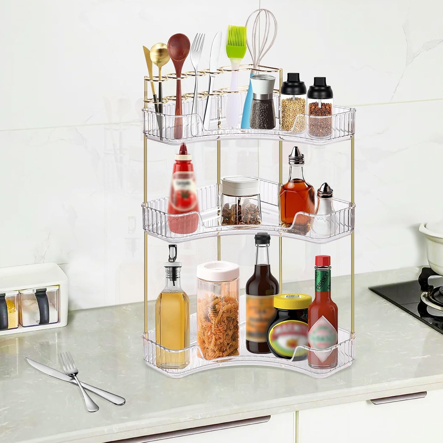 Corner Bathroom Counter Organizer, Vanity Trays for Bathroom, Skincare Makeup Organizer Shelf, Shelf Cosmetics, Toiletries, Lotions, Perfumes (3 Tiers, Clear)