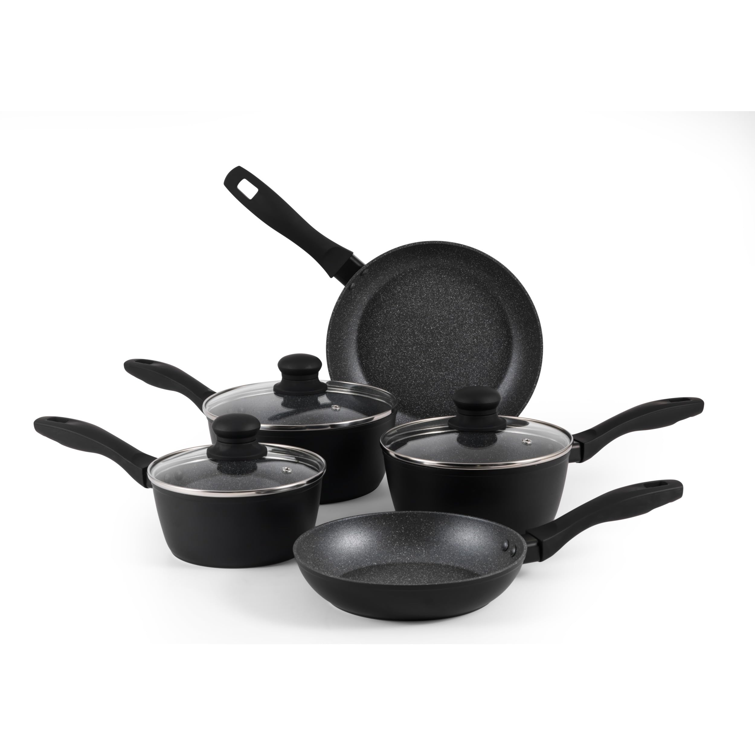 RH02814EU7 Metallic Marble Cooking Pan Set - Non-Stick 5 Piece Kitchen Cookware, 20/24cm Frying Pans, 16/18/20cm Saucepans, Tempered Glass Lids with Steam Vents, Induction Hob Suitable
