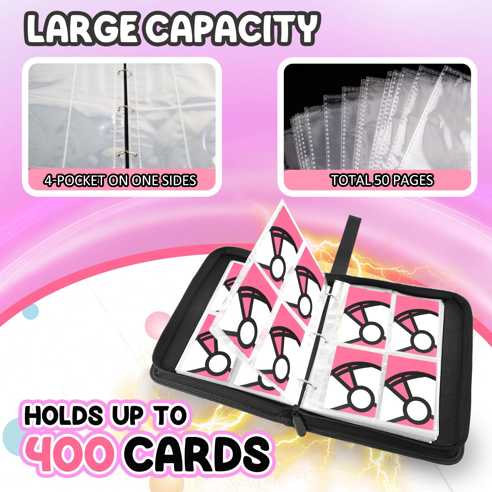 Pokemon Binders For Cards Trading , 400 Cards With 50 Removable Sleeves 4 Pocket Cards Zipper Binder Card Holder Collectors Cards Collector Album For Pokemon Cards Game Cards Sports Cards In | Whizz Card Binder 8 thumbnail image