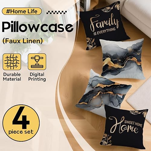 Miniatura 2 de OBSEDE Juego de 4 fundas de almohada con diseño de mármol negro y dorado de 18 x 18 pulgadas, fundas de cojín para sofá, cama, sala de estar,