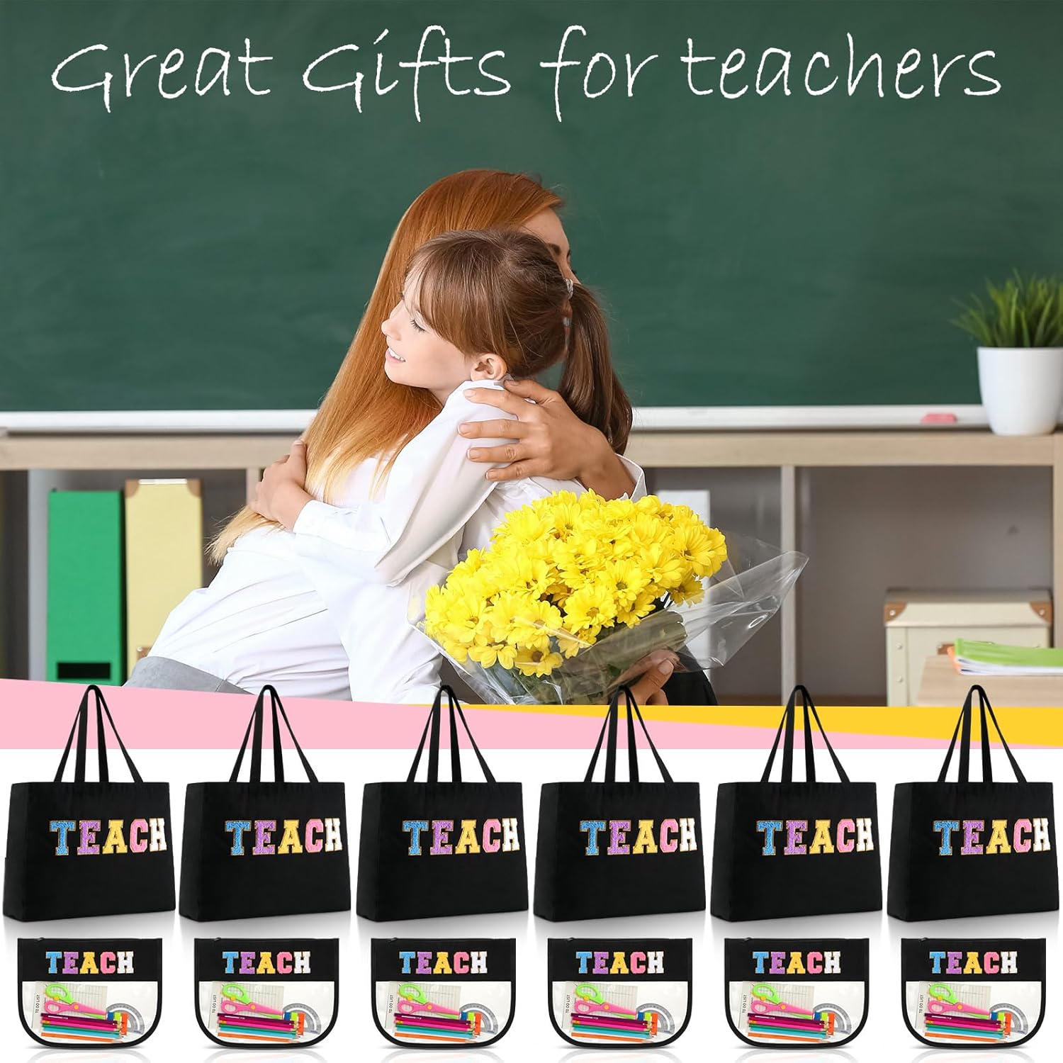 Talltalk 12 Pcs Teacher Tote Bags Bulk, Black Appreciation Gifts Chenille Letters Totes Bags with Makeup Pouch Set for Easter Graduation Party Teacher Gifts - Image 7