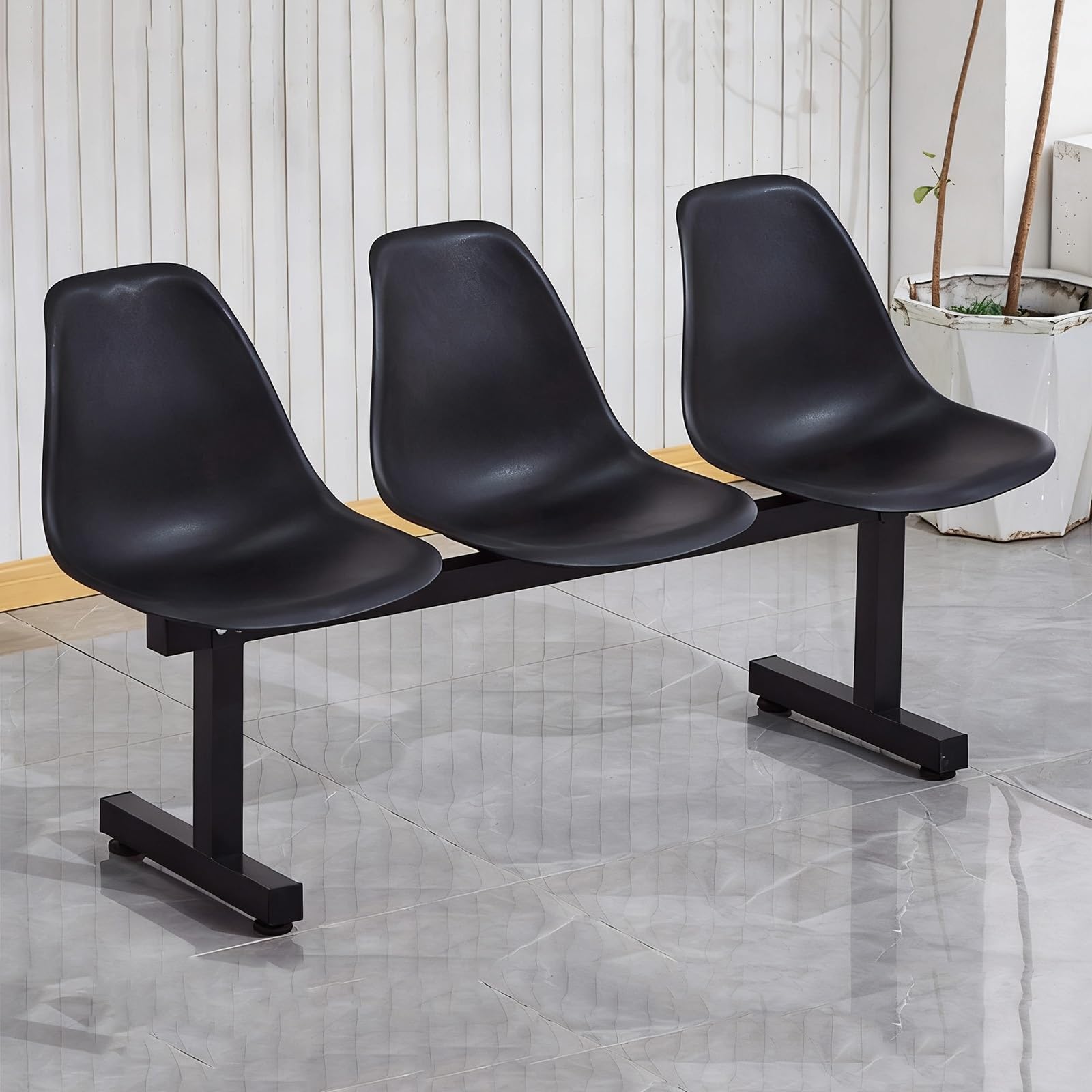 Banc de Salle D'attente 3 Places, Banc avec Structure Métallique en Plastique, Chaises sur Poutre pour Salle D'attente, Aéroports, Hôpitaux, Stades, Banques(Black)
