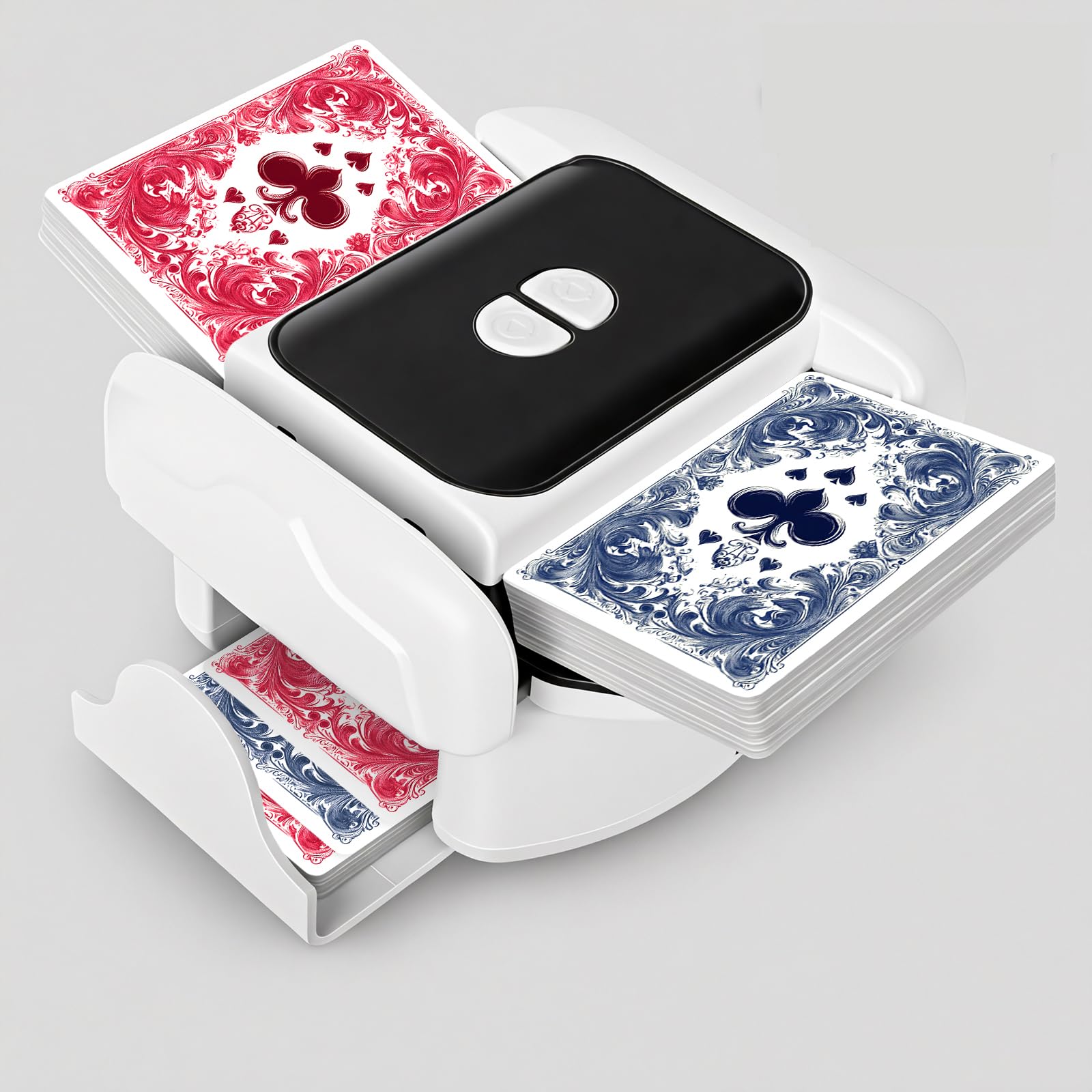 BEE&FLOWER Kartenmischmaschine - Automatisch & wiederaufladbar Kartenmischer geräuscharm, gleichmäßiges Mischen für 1–2 Decks, Auto & Manuell Kompatibel mit Poker, Rommé, Blackjack (Weiß+Schwarz)