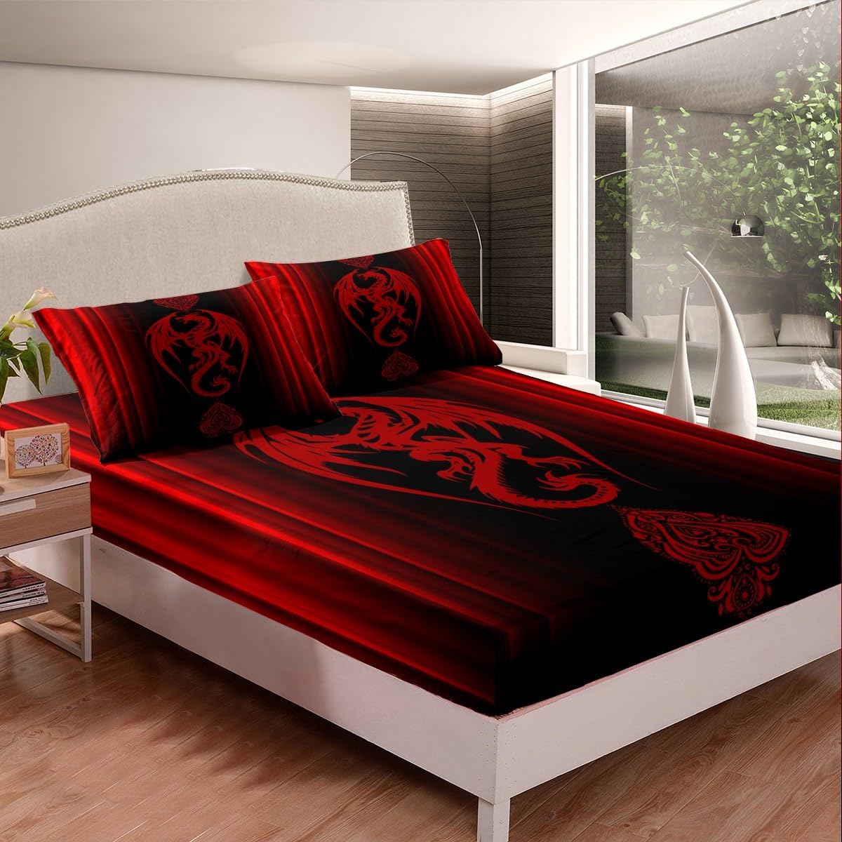Feelyou Red Dragon Bed Sheets Gradient Ombre Red Teens Women Bedding Set for Kids Boys Girls Vintage Boho Paisley Decor Sheets Exotic Trippy Fitted Sheet 2Pcs Twin Size