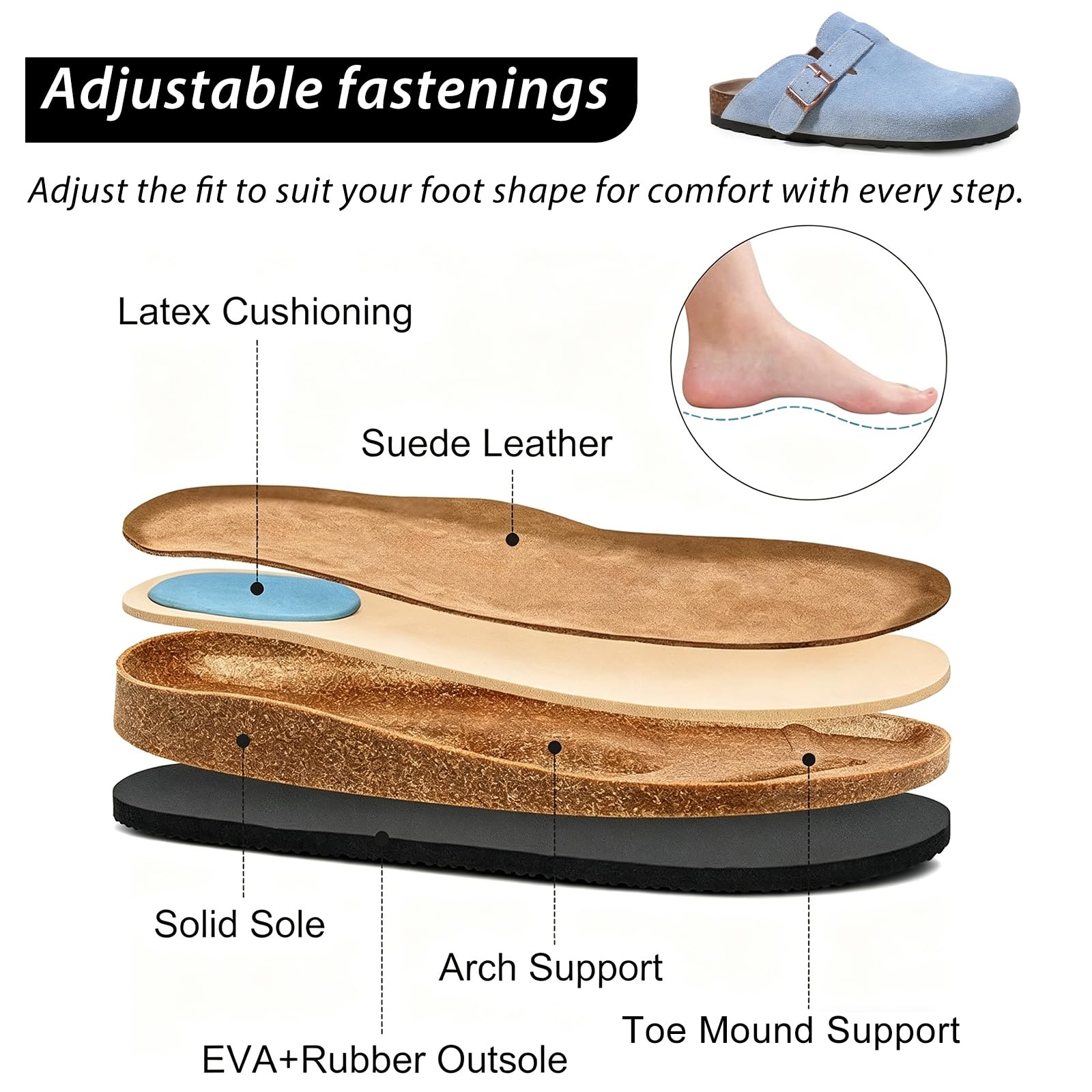 AONETIGER Mules et Sabots Femme Semelle Liège Bout Fermé GR.36-40 EU | Chaussons Pantoufles en Daim Cuir | Antidérapante Chaussures de Jardin | idéaux pour Maison, Bureau, Intérieur et Extérieur