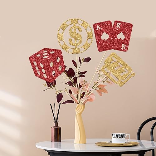 Miniatura 3 de 12 piezas de palitos de centro de mesa de casino de oro rojo, divertidas decoraciones de fiesta de casino, decoración de fiesta temática de póquer,