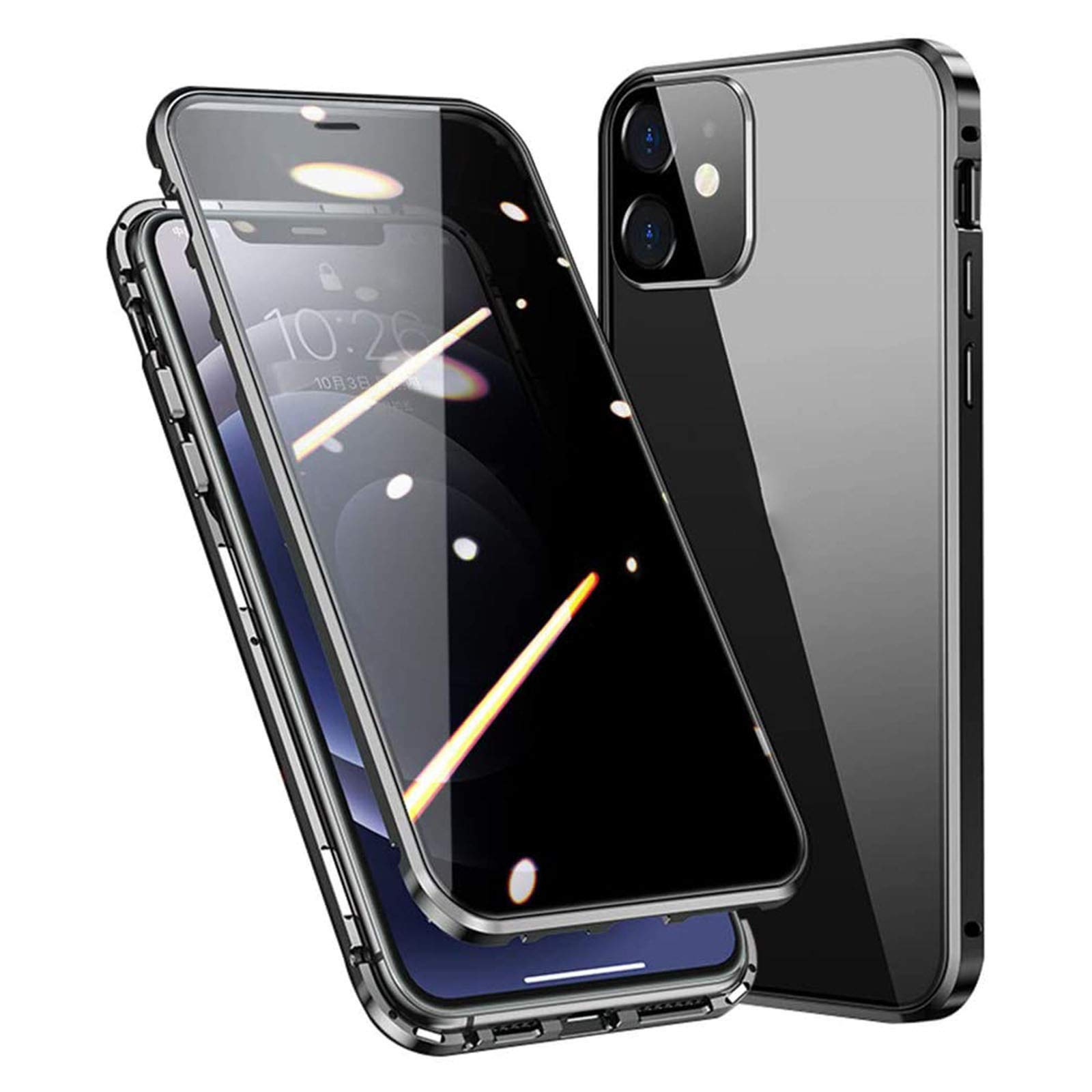 Riyueyi Anti Peep Cover per iPhone 11/12 Anti Spy Magnetico Custodia Doppia Faccia in Vetro Temperato Privacy Pellicola Protettiva Paraurti in Metallo 360 Gradi Custodia,Nero,for 12 PRO Max