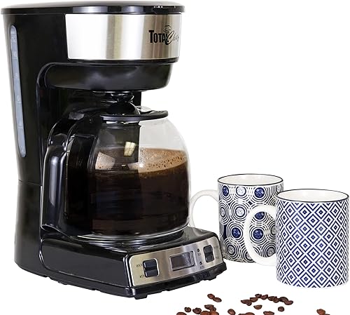 Koolatron Total Chef Cafetera programable de 12 tazas cafetera de goteo de acero inoxidable con jarra de vidrio y filtro de cesta reutilizable negro
