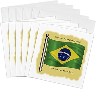 3dRose Greeting Cards - Brazilian flag waving on flagpole on a yellow background. Federate Republic of Brazil - 6 Pack - Flags and Maps - South America