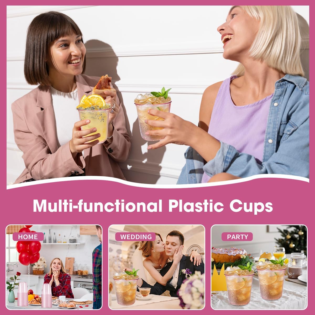 100Pcs Pink Plastic Cups,12 Oz Disposable Pink Drinking Cups Stemless Wine Glasses for Cocktail Party Cups for Wedding Birthday Party Supplies