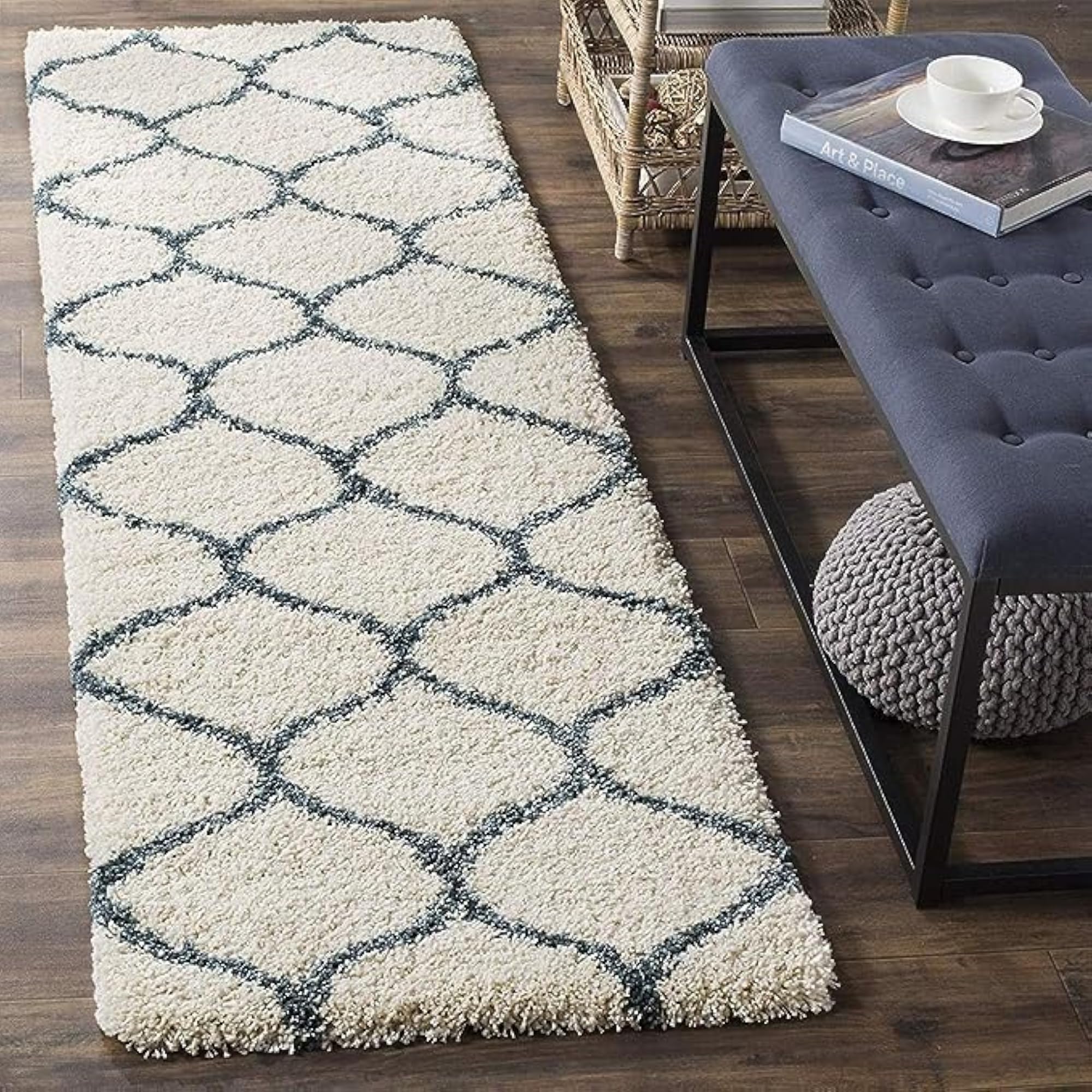 Modern Shaggy Rug, Ivory & State Blue