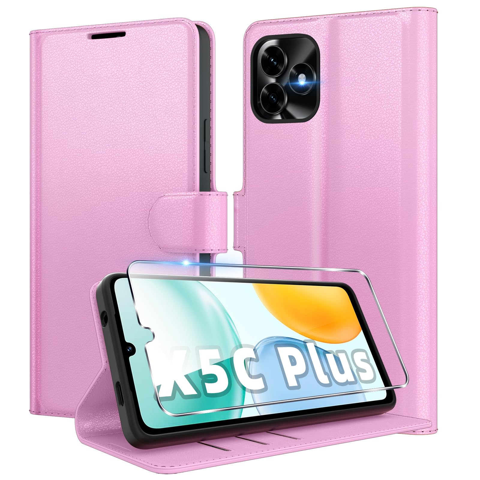 Eirltiy Cover per Honor X5C Plus Portafoglio Pelle PU Premium, Custodia Scomparti Carte Antiurto Protettiva Case con 1 Vetro Temperato, Rosa