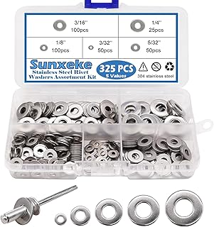 325pcs Stainless Steel Washers for Blind Pop Rivets Assortment Kit, Backup Rivet Washers Diameter 3/32" 1/8" 5/32" 3/16" 1/4"