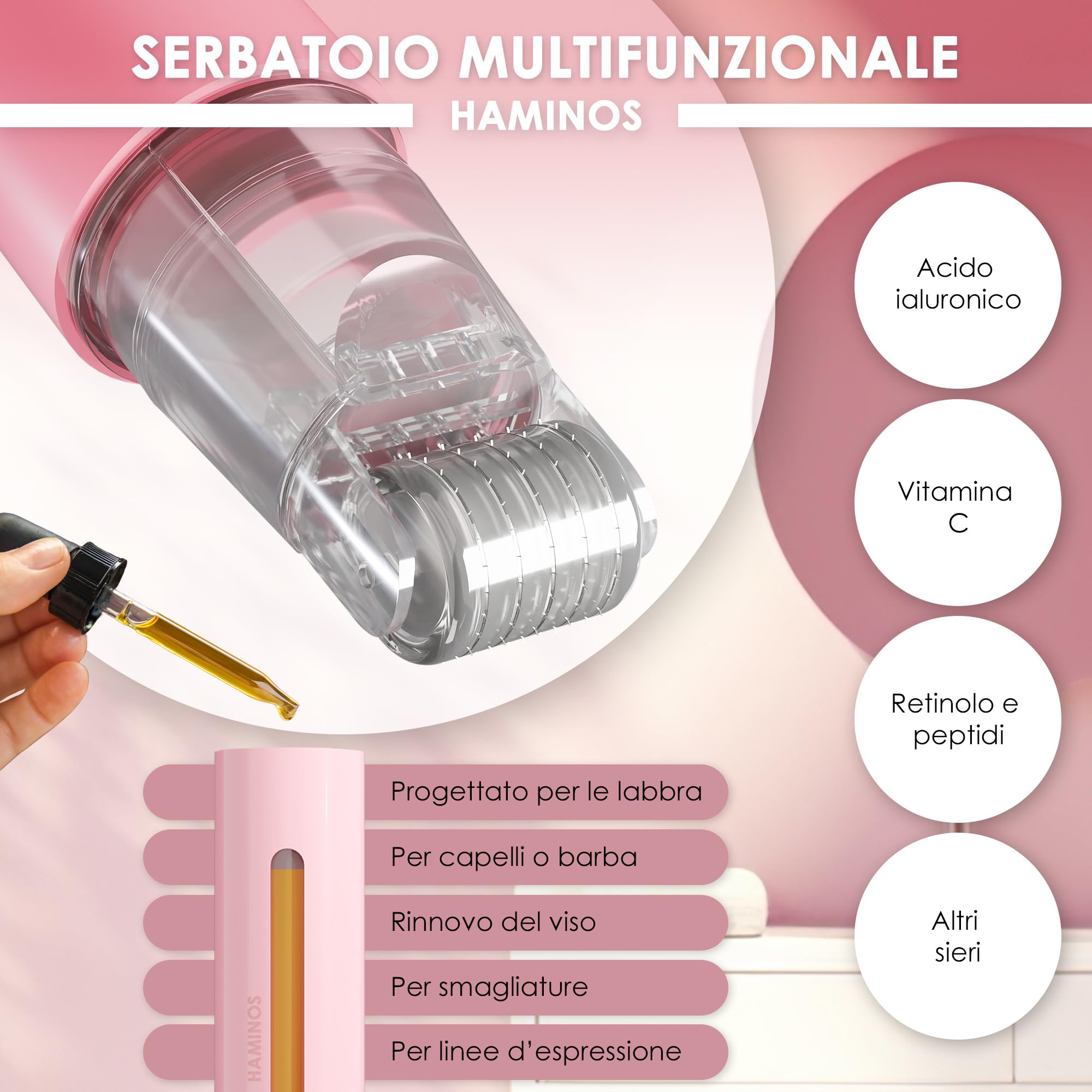 HAMINOS Derma roller 0,25 mm 2.0 con Serbatoio per Labbra, Pelle, Capelli, Rughe, Smagliature, Iperpigmentazione APPLICAZIONE DEL SIERO ISTANTANEO, 105 aghi in titanio