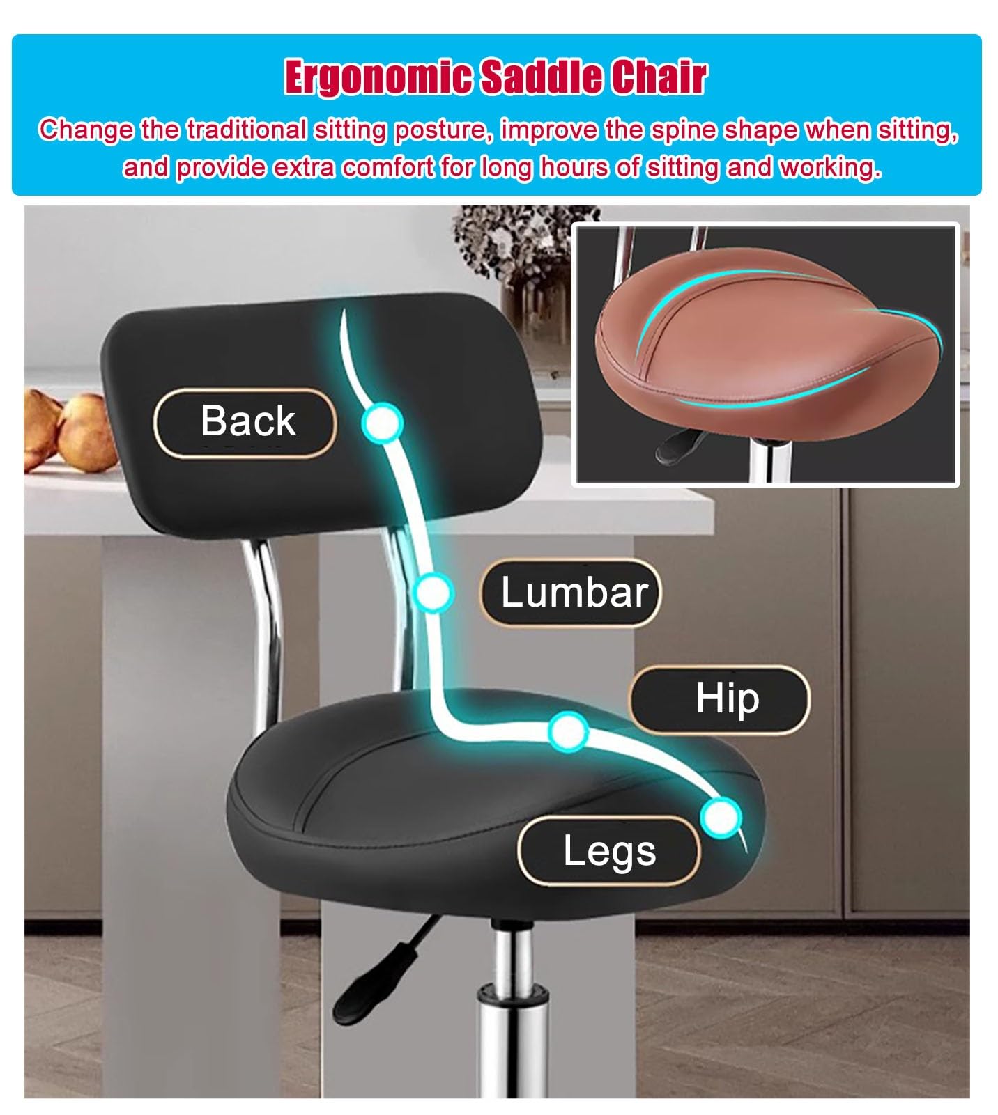 Sgabello a Sella con poggiapiedi e Supporto Lombare, ergonomico, per Ufficio, Salone, Studio dentistico, 50-70 cm (Colore: Marrone)