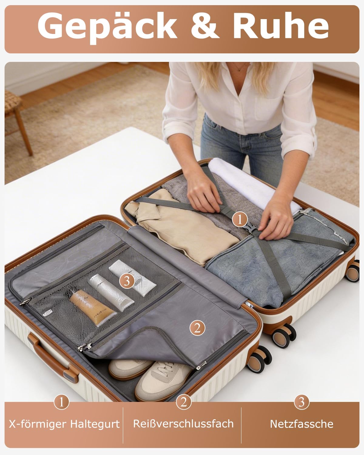 British Traveller Reisekoffer Groß Koffer Trolleys Groß Hartschalenkoffer 100% PP Handgepäck Koffer mit 8 Spinnerräder Rollkoffer 76 * 49.2 * 31cm Suitcase TSA-Schloss Neu Beige