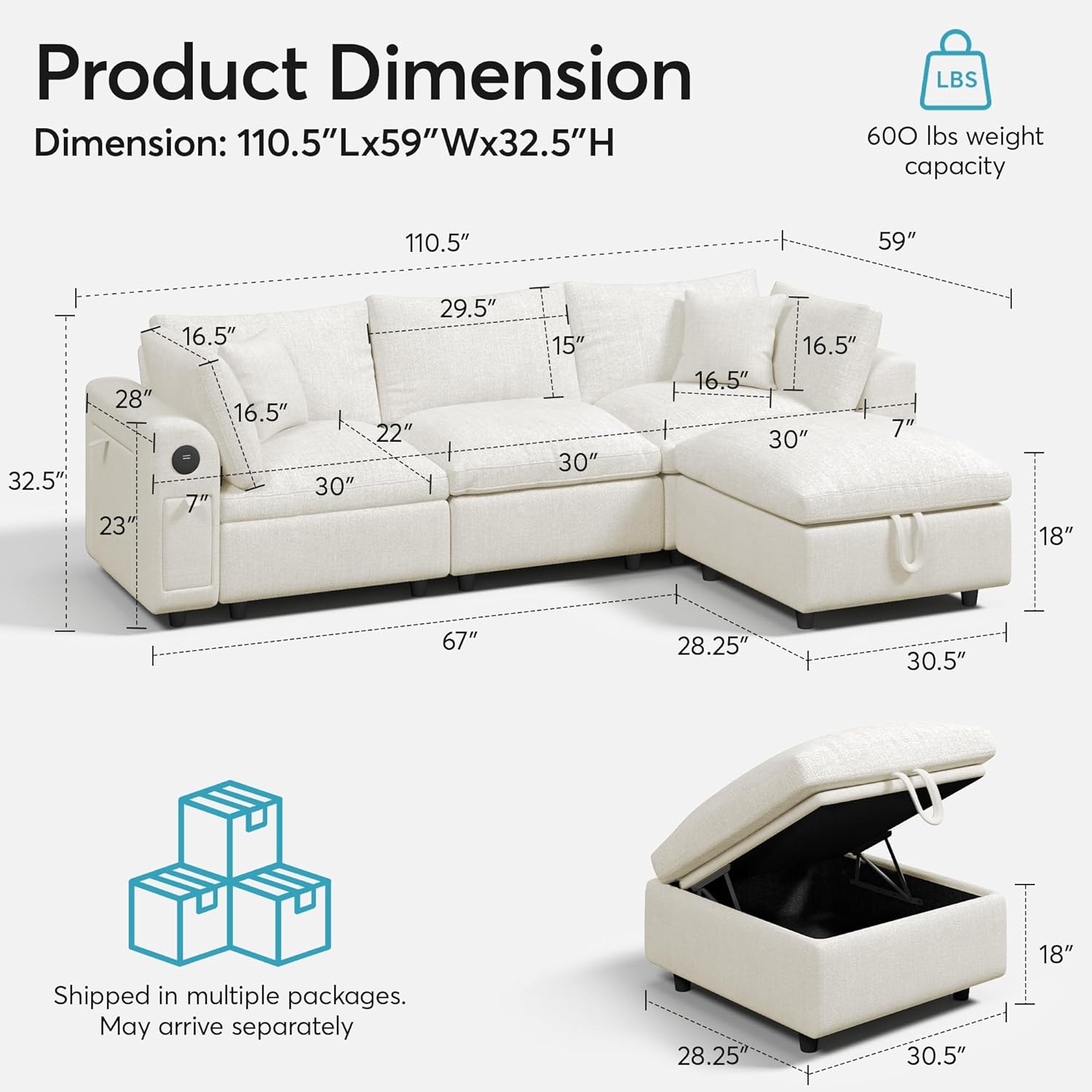 Cloud Modular Sectional Sofa, L-Shaped 3-Seat Deep Seat with Storage Ottoman, Solid Wood Frame, Wide Armrests, USB/Type-C & Cup Holders, Modern Chenille Couch for Living Room,Beige