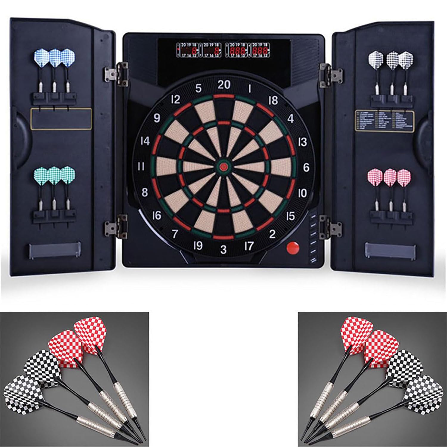 Anxyyds Multicolor Electronic Dart Board Cabinet Set, Led Electric Digital Soft Tip Dart Boards For Adults With Cabinet, Up To 8 Players, 27 Games And 259 Variations With 12 Soft Tip Dartboard Set