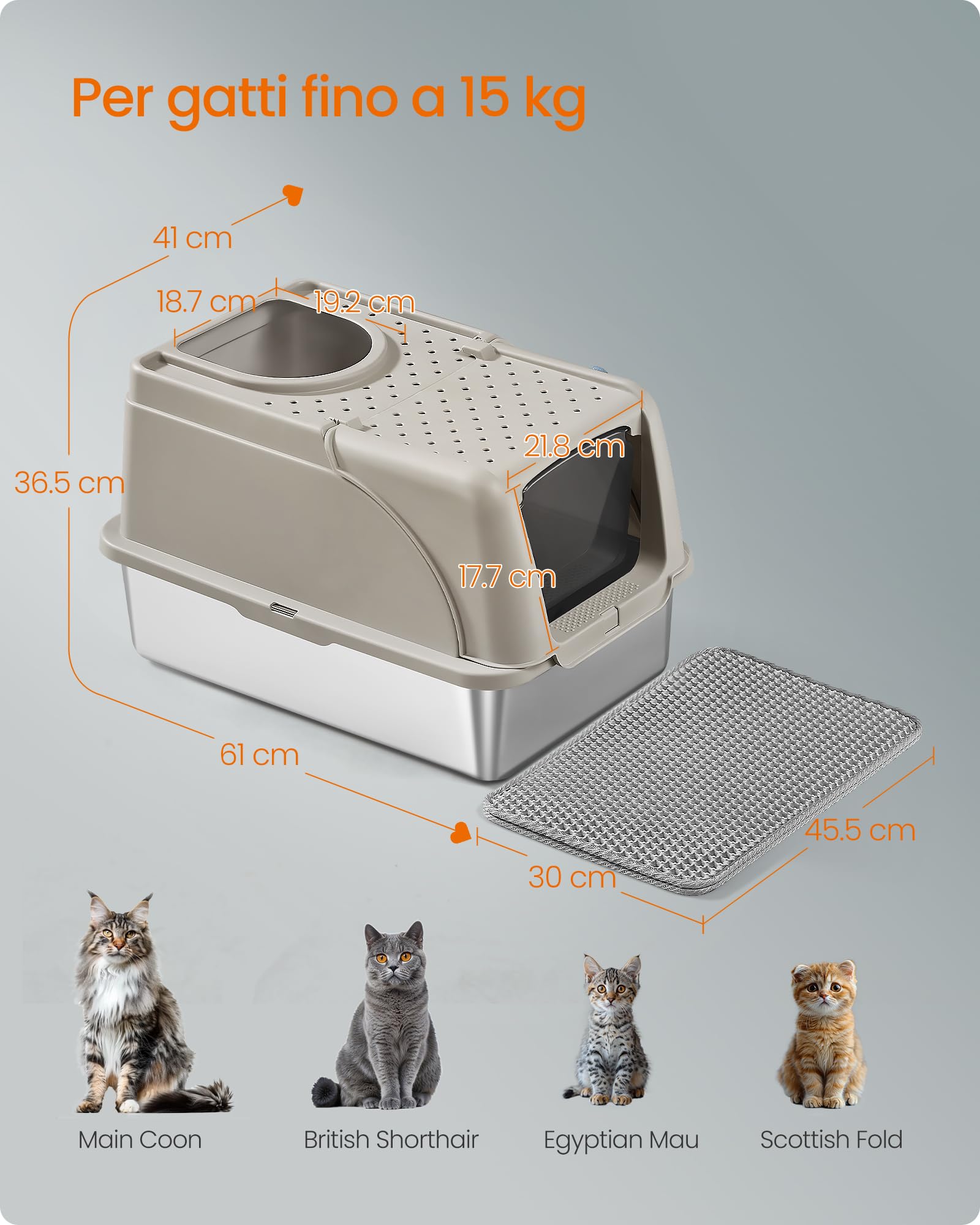 Feandrea Lettiera per Gatti in Acciaio Inossidabile con Coperchio Ribaltabile, Lettiera Chiusa XL Anti Perdite, Paletta, Spazzola, Doppio Ingresso, per Gatti fino a 15 kg, Beige Cappuccino PPT005K01