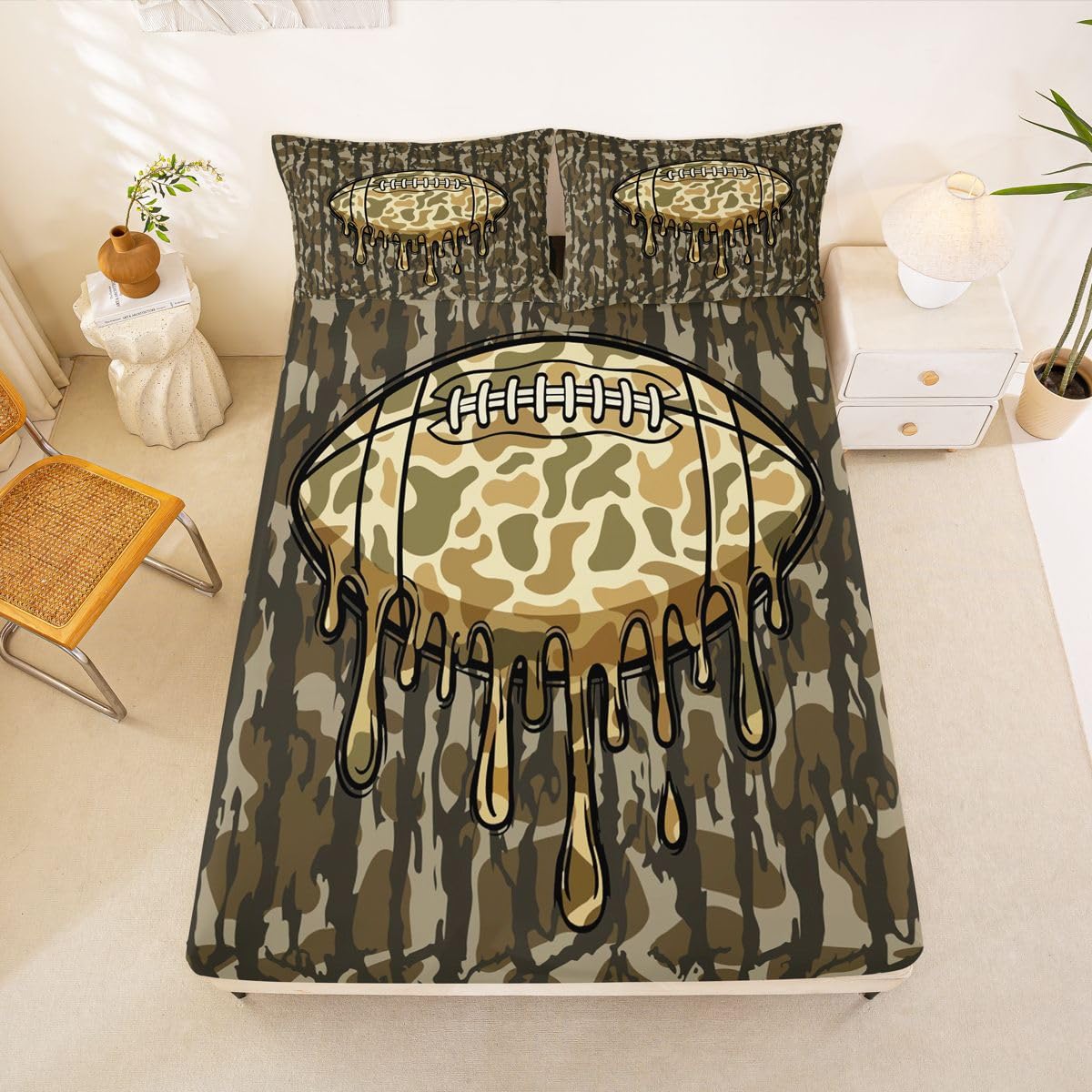 Loussiesd Juego de sábanas bajeras de camuflaje tamaño King para niños y niñas, con bolsillo profundo de 16 pulgadas, microfibra suave y transpirable, estilo militar, con 2 fundas de almohada