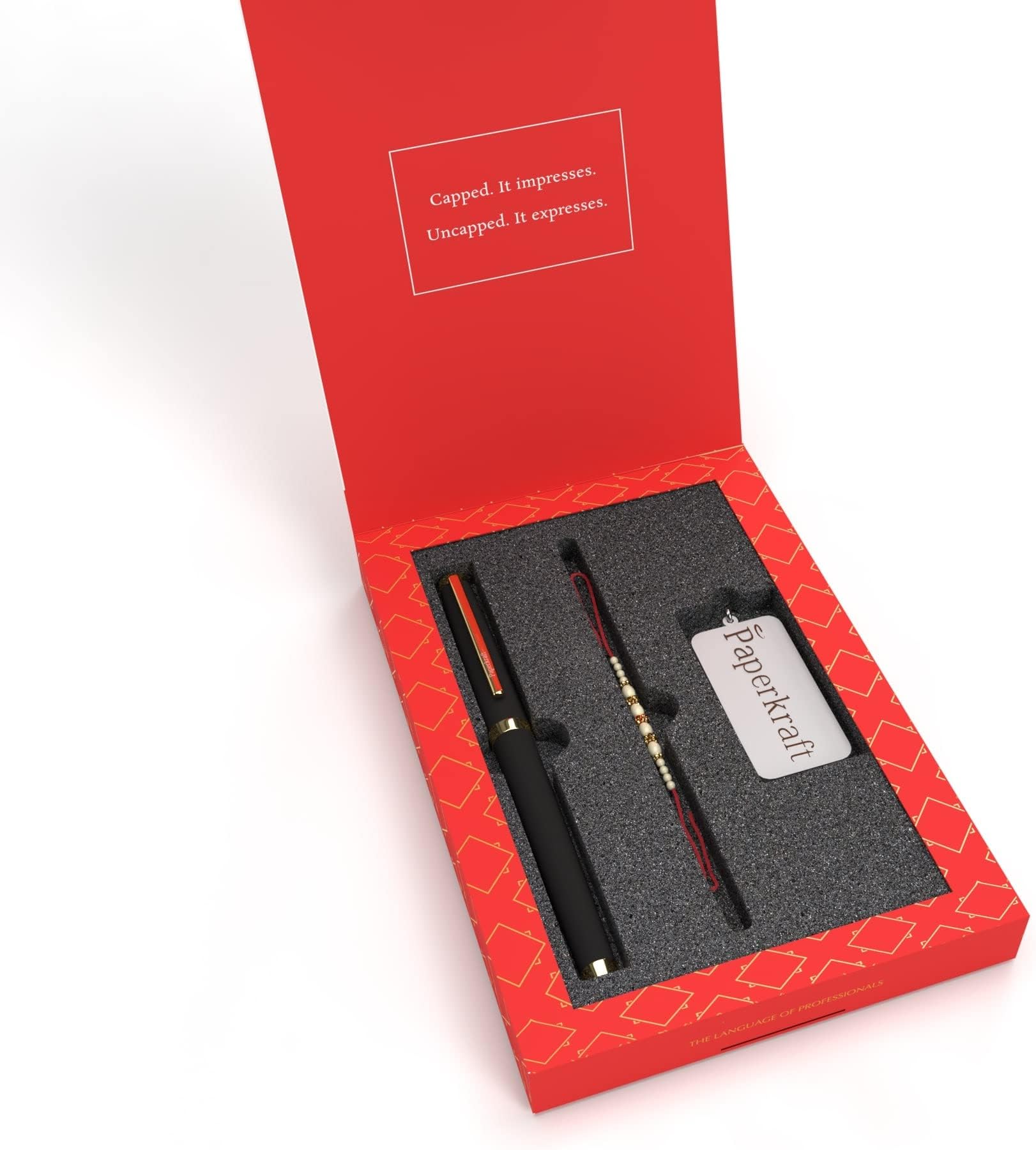 Paperkraft Expressions Gift Set - 1 Ceramic Roller ball Metal Pen with Gold trims 0.6 mm Stainless Steel Tip + 1 Stainless Steel Key Chain + 1 Free* Rakhi Band