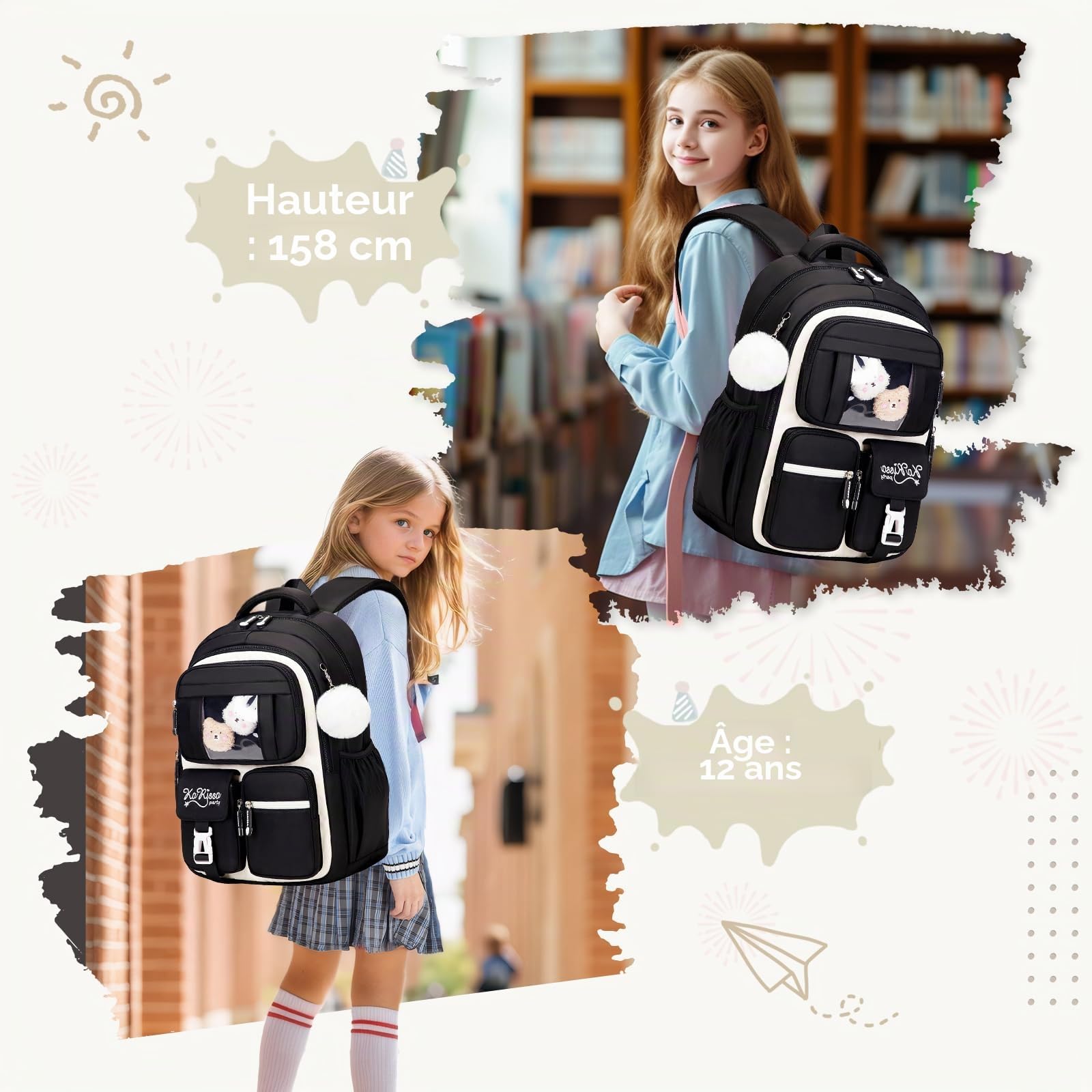 Amythe Cartable Fille Primaire, Sac à Dos Respirant pour Filles CP CE1 CE2 CM1 CM2, Sac Ecole Décontracté pour les Enfants de l'école Primaire au Collège, Noir