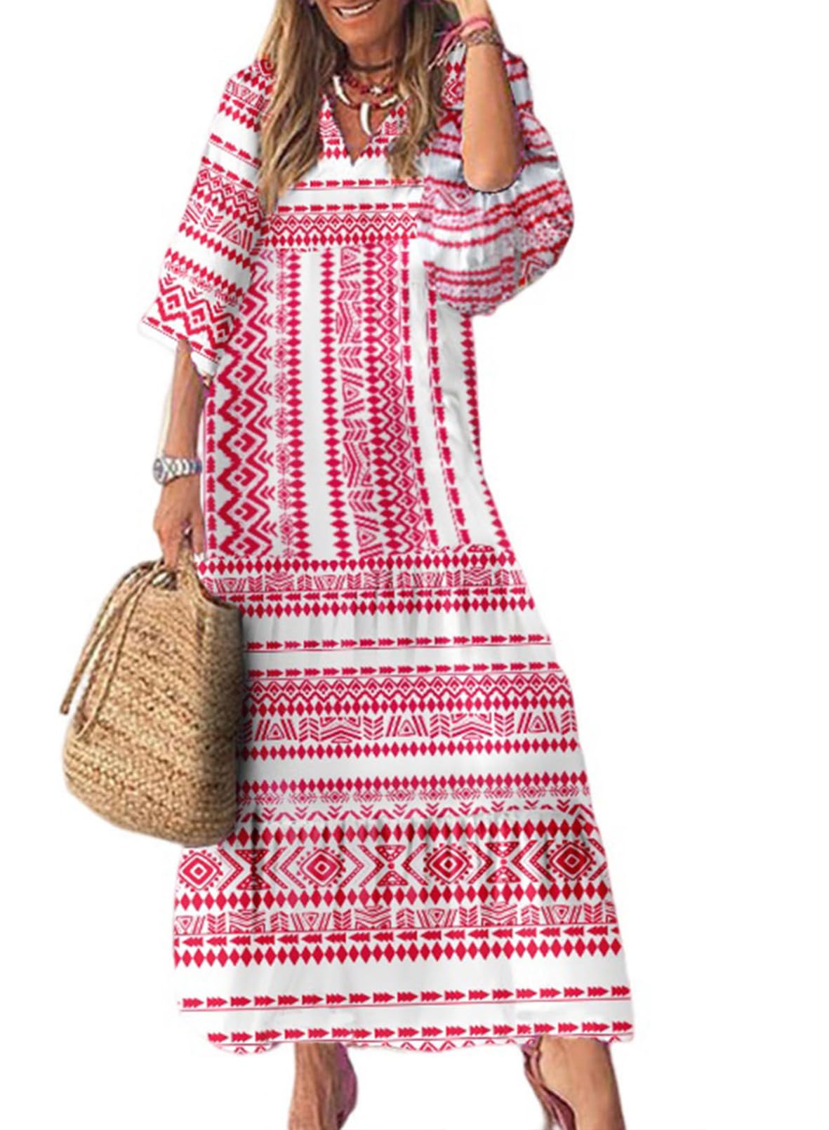 Dokotoo Women Boho Maxi Dresses 2023 V Neck Long Puff Sleeve Smocked Ruffle Flowy Casual Dress